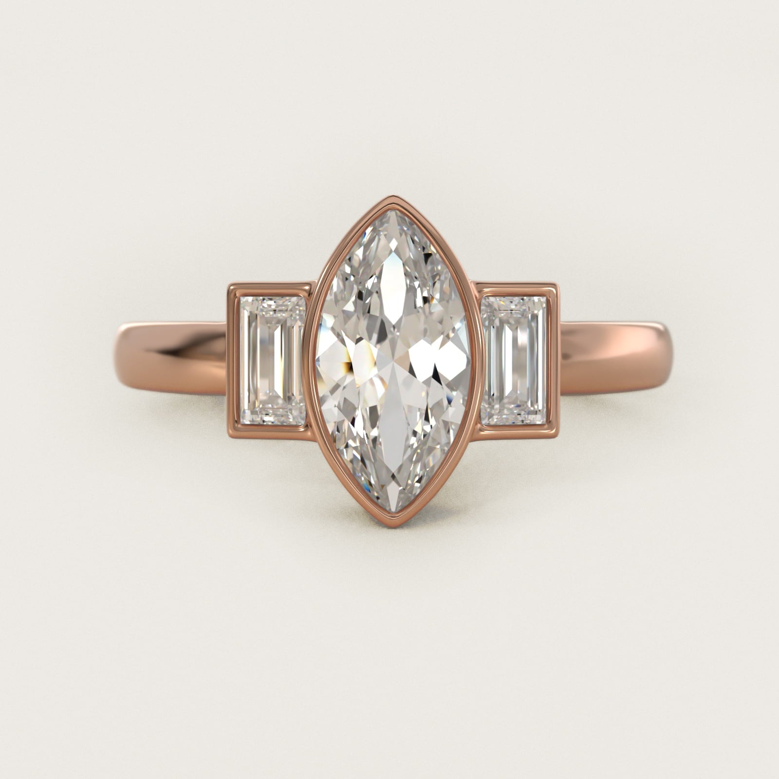 Bezel Straight Baguette Cut Diamond Three Stone Engagement Ring In 14K Rose Gold By James Allen - Marquise Center