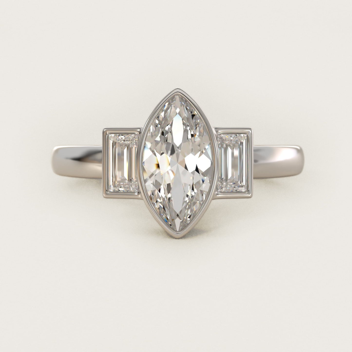 Bezel Straight Baguette Cut Diamond Three Stone Engagement Ring In 14K White Gold By James Allen - Marquise Center