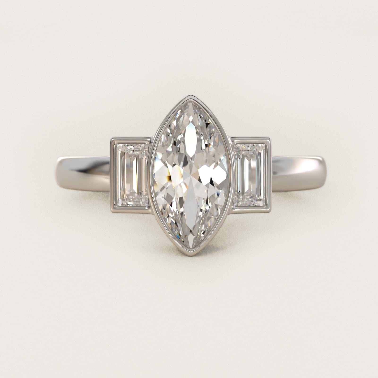 Bezel Straight Baguette Cut Diamond Three Stone Engagement Ring In 18k White Gold By James Allen - Marquise Center