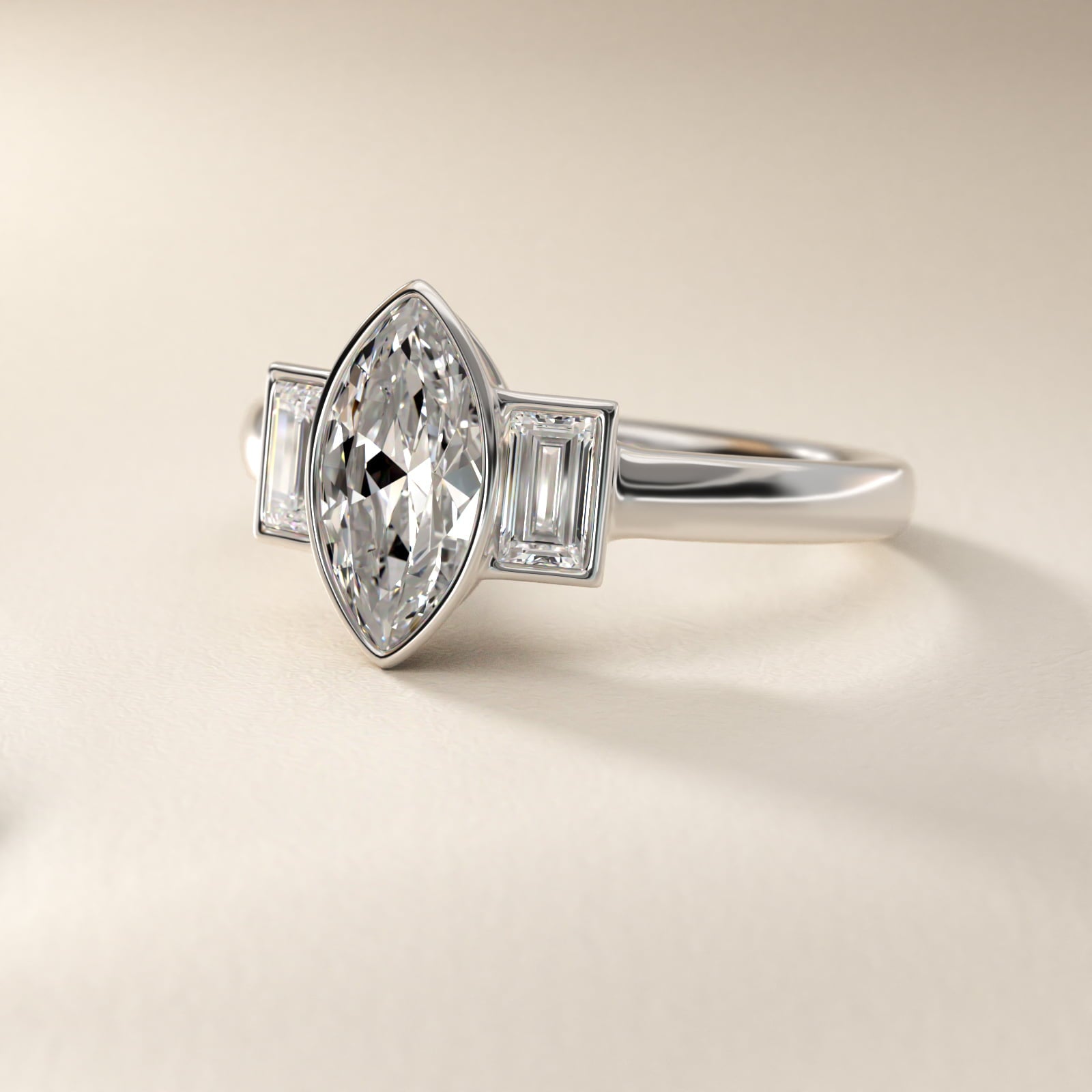 Bezel Straight Baguette Cut Diamond Three Stone Engagement Ring In 14K White Gold By James Allen - Marquise Center