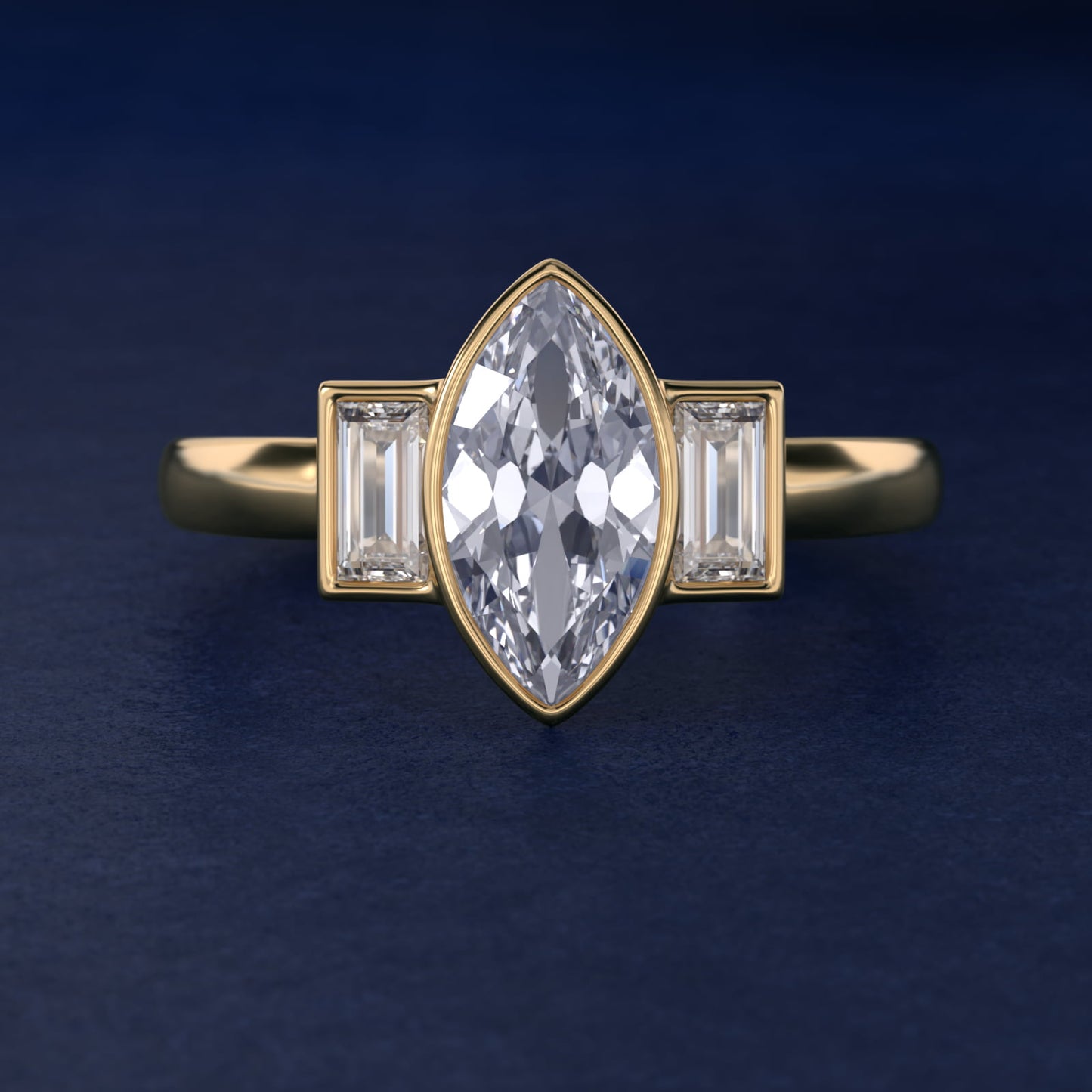 Bezel Straight Baguette Cut Diamond Three Stone Engagement Ring In 18k Yellow Gold By James Allen - Marquise Center