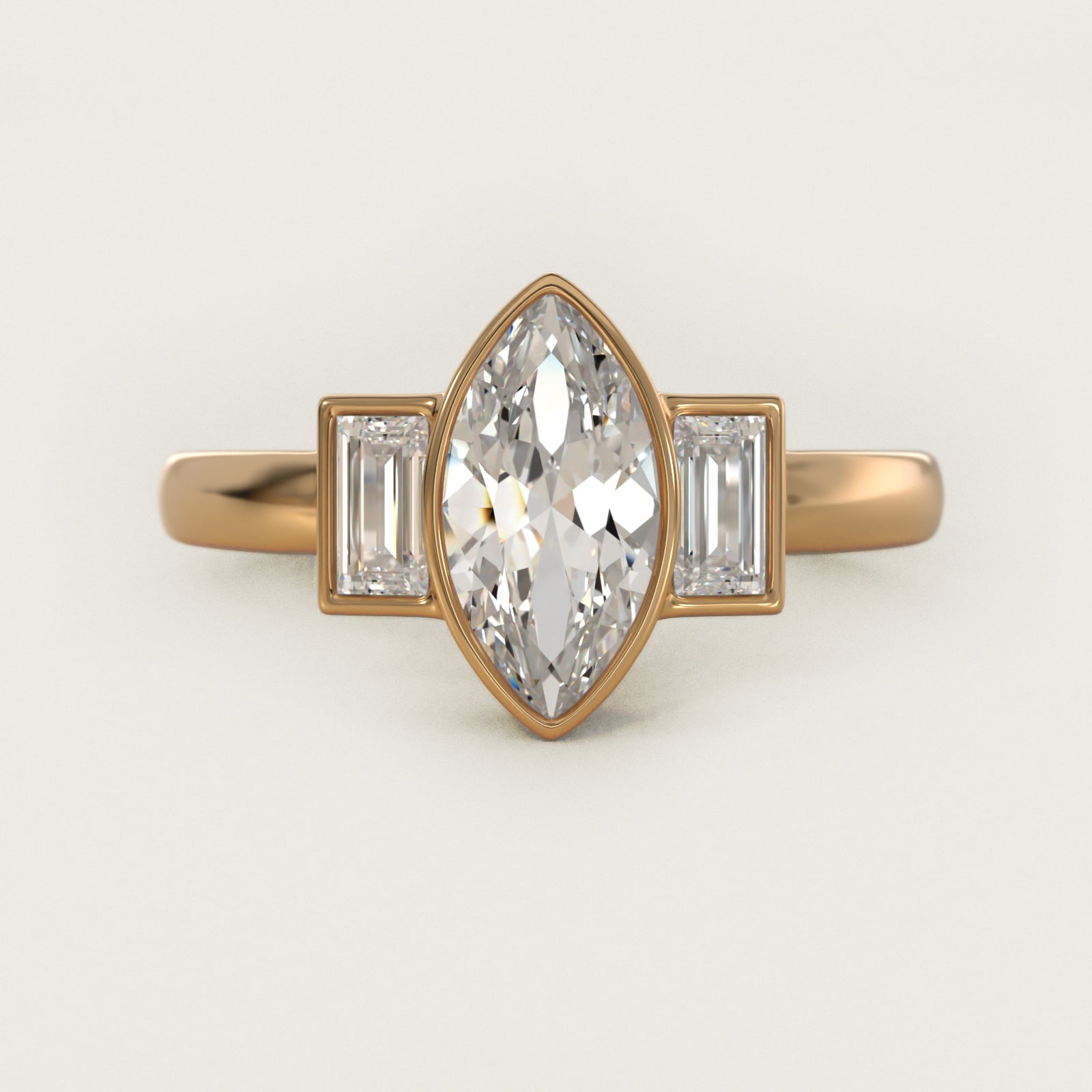 Bezel Straight Baguette Cut Diamond Three Stone Engagement Ring In 18k Yellow Gold By James Allen - Marquise Center