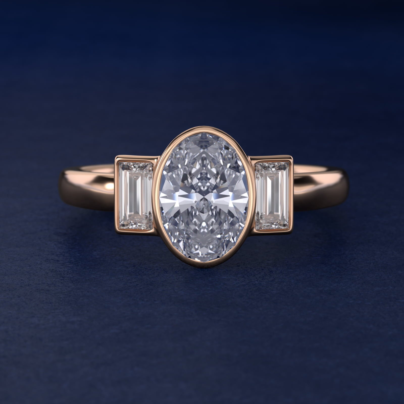 Bezel Straight Baguette Cut Diamond Three Stone Engagement Ring In 14K Rose Gold By James Allen - Oval Center