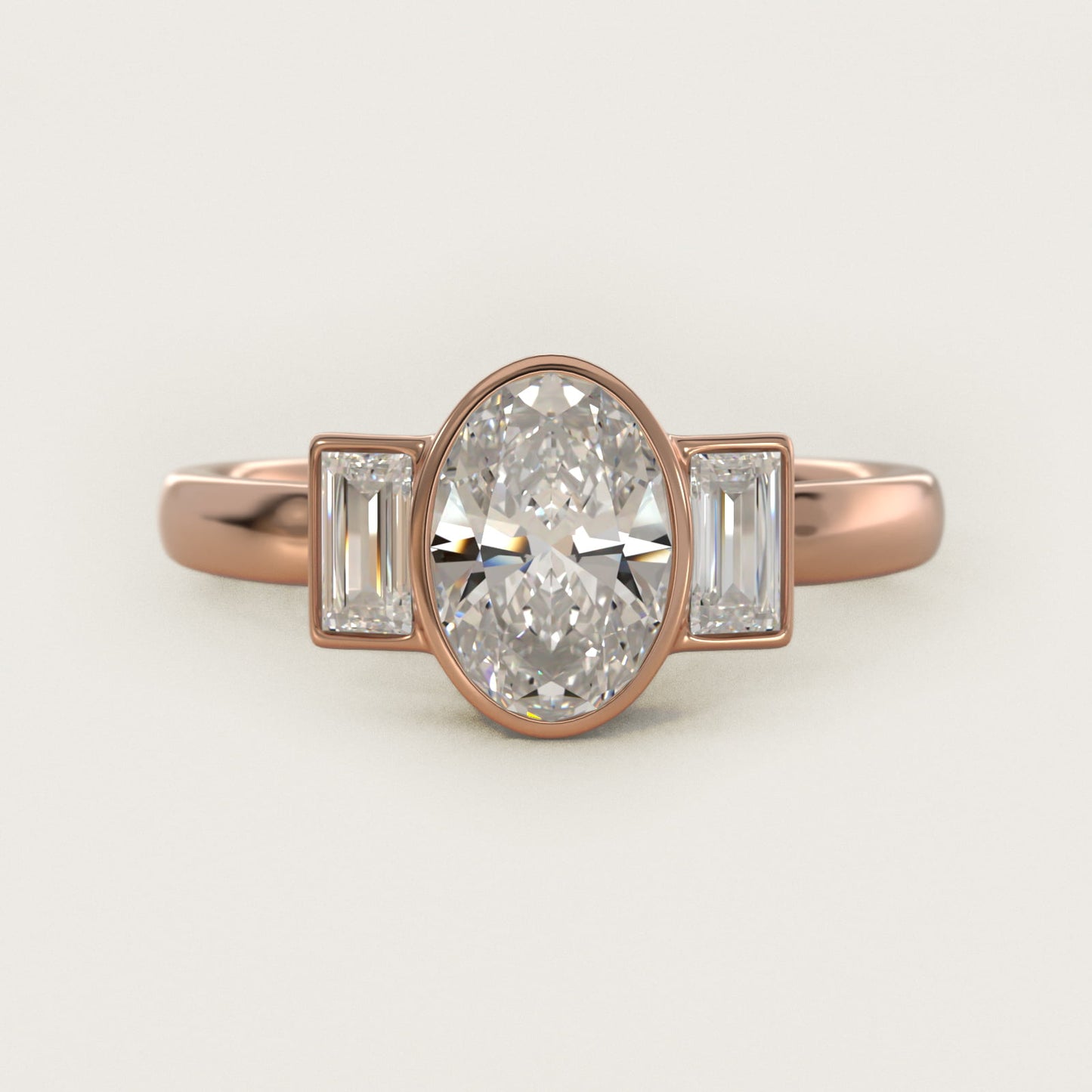 Bezel Straight Baguette Cut Diamond Three Stone Engagement Ring In 14K Rose Gold By James Allen - Oval Center
