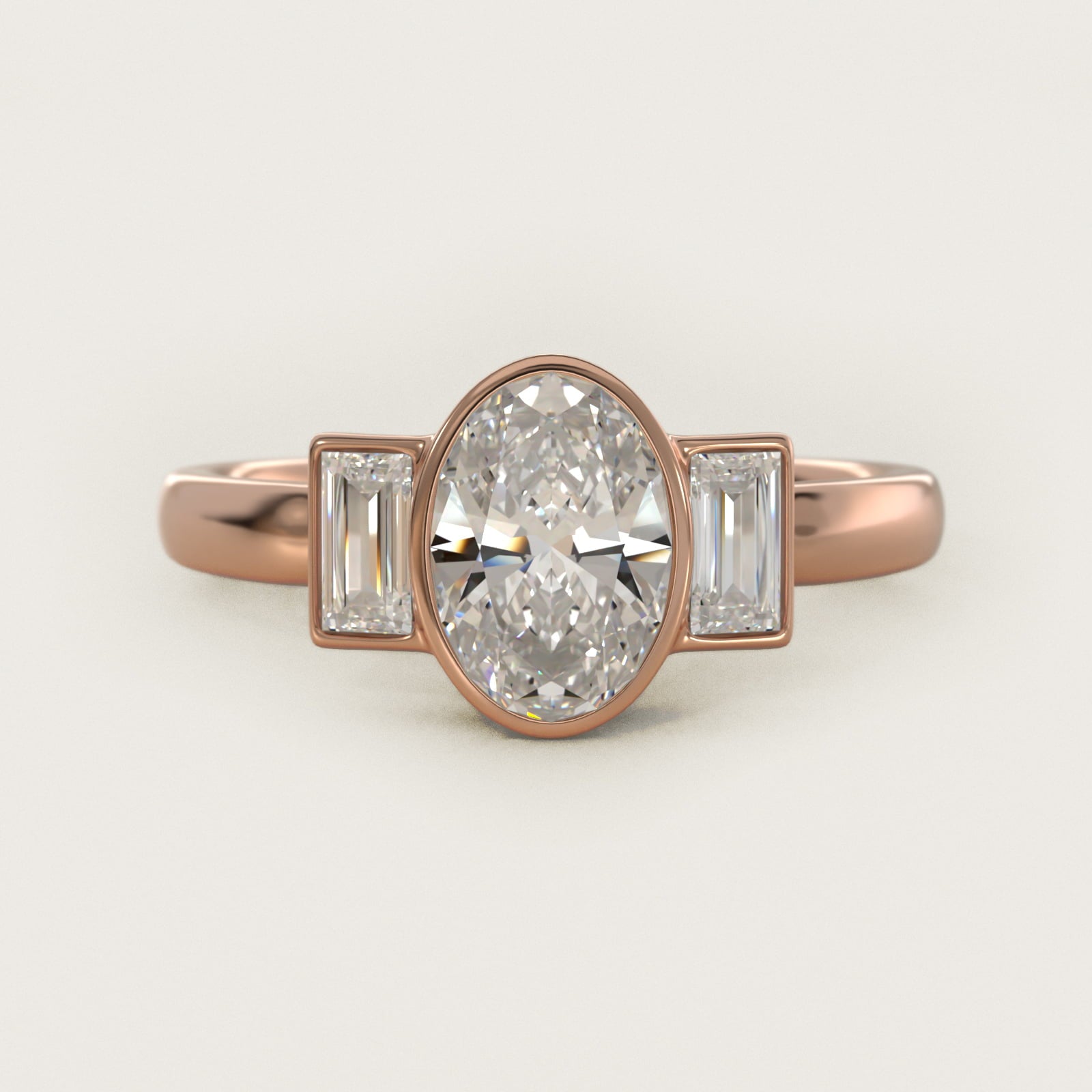 Bezel Straight Baguette Cut Diamond Three Stone Engagement Ring In 18k Rose Gold By James Allen - Oval Center