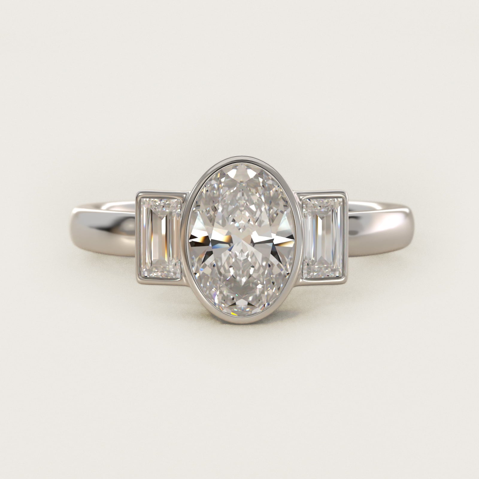 Bezel Straight Baguette Cut Diamond Three Stone Engagement Ring In 18k White Gold By James Allen - Oval Center