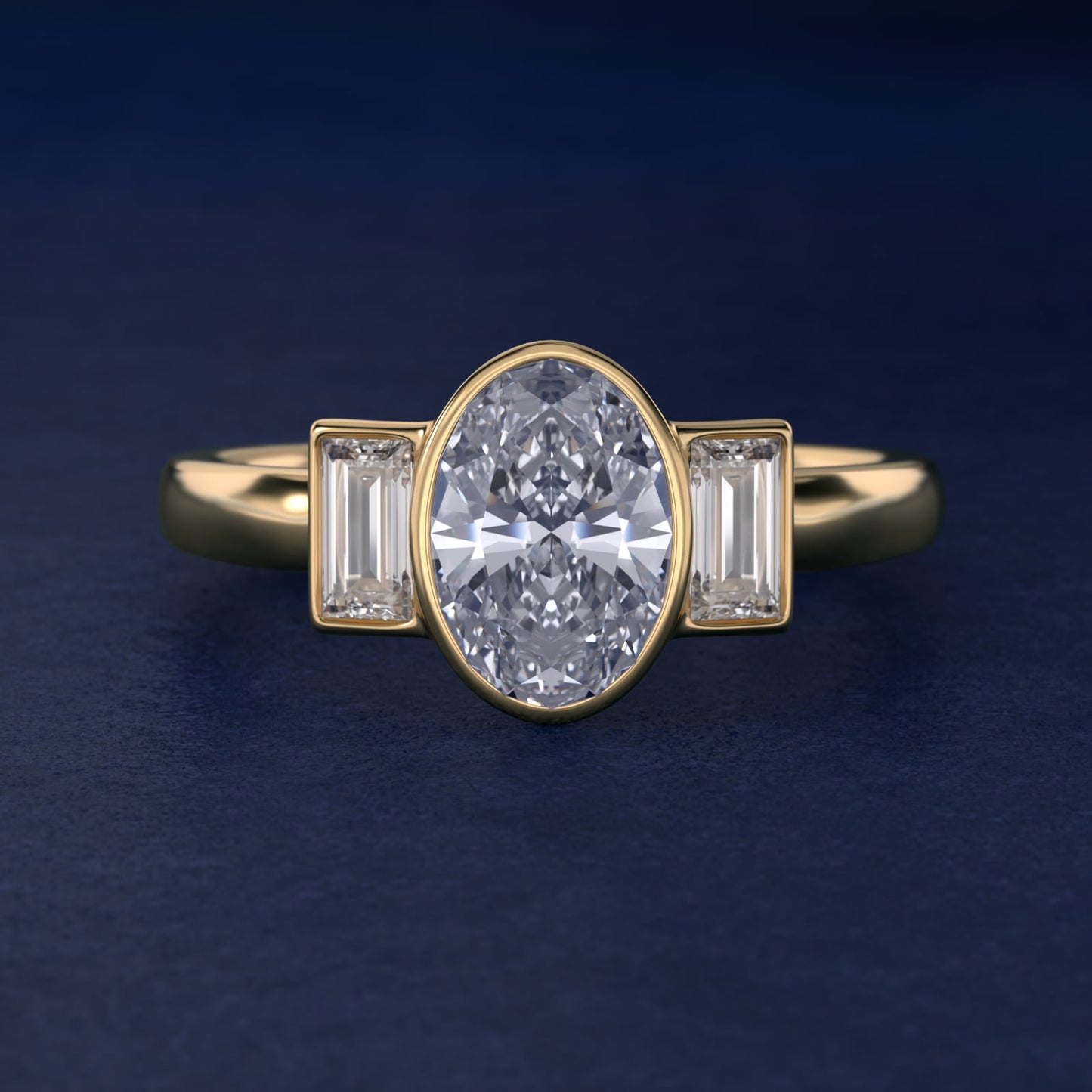 Bezel Straight Baguette Cut Diamond Three Stone Engagement Ring In 14K Yellow Gold By James Allen - Oval Center