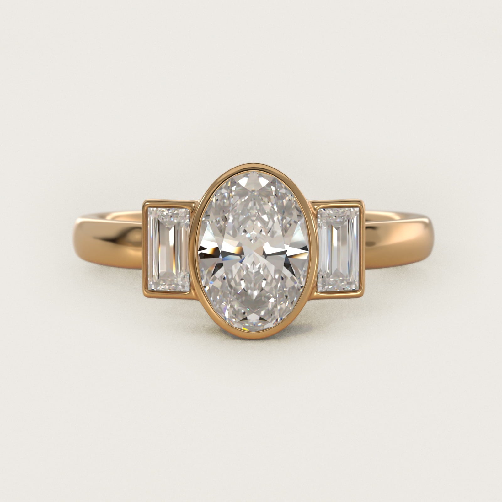 Bezel Straight Baguette Cut Diamond Three Stone Engagement Ring In 14K Yellow Gold By James Allen - Oval Center