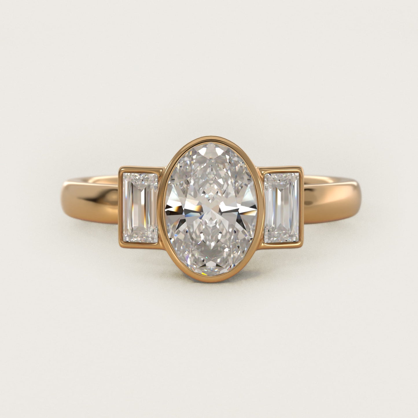 Bezel Straight Baguette Cut Diamond Three Stone Engagement Ring In 18k Yellow Gold By James Allen - Oval Center