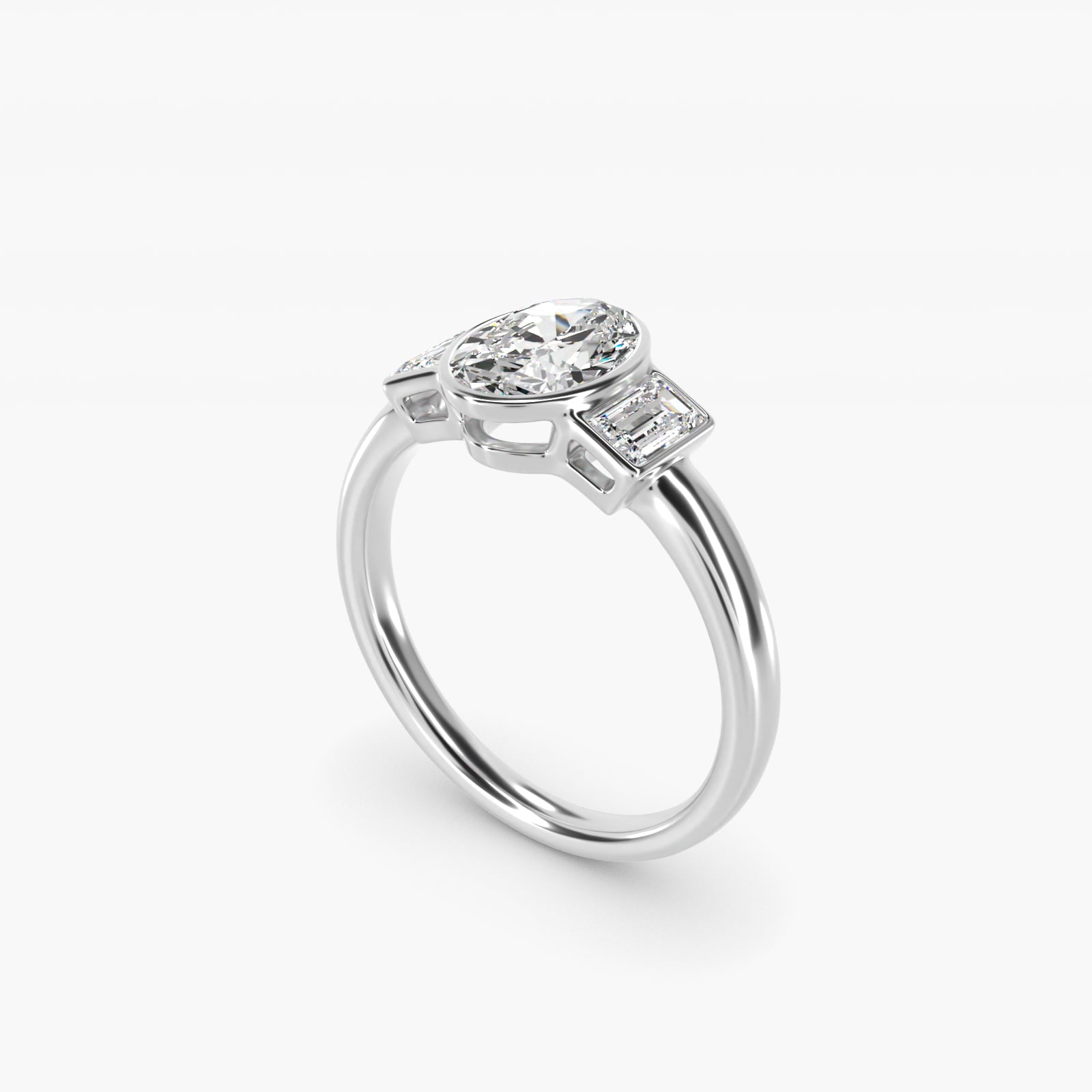 Bezel Straight Baguette Cut Diamond Three Stone Engagement Ring In Platinum By James Allen - Oval Center