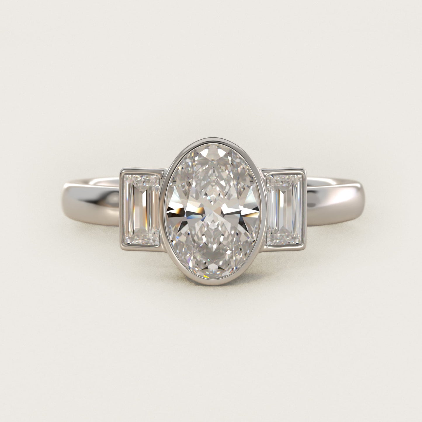 Bezel Straight Baguette Cut Diamond Three Stone Engagement Ring In Platinum By James Allen - Oval Center