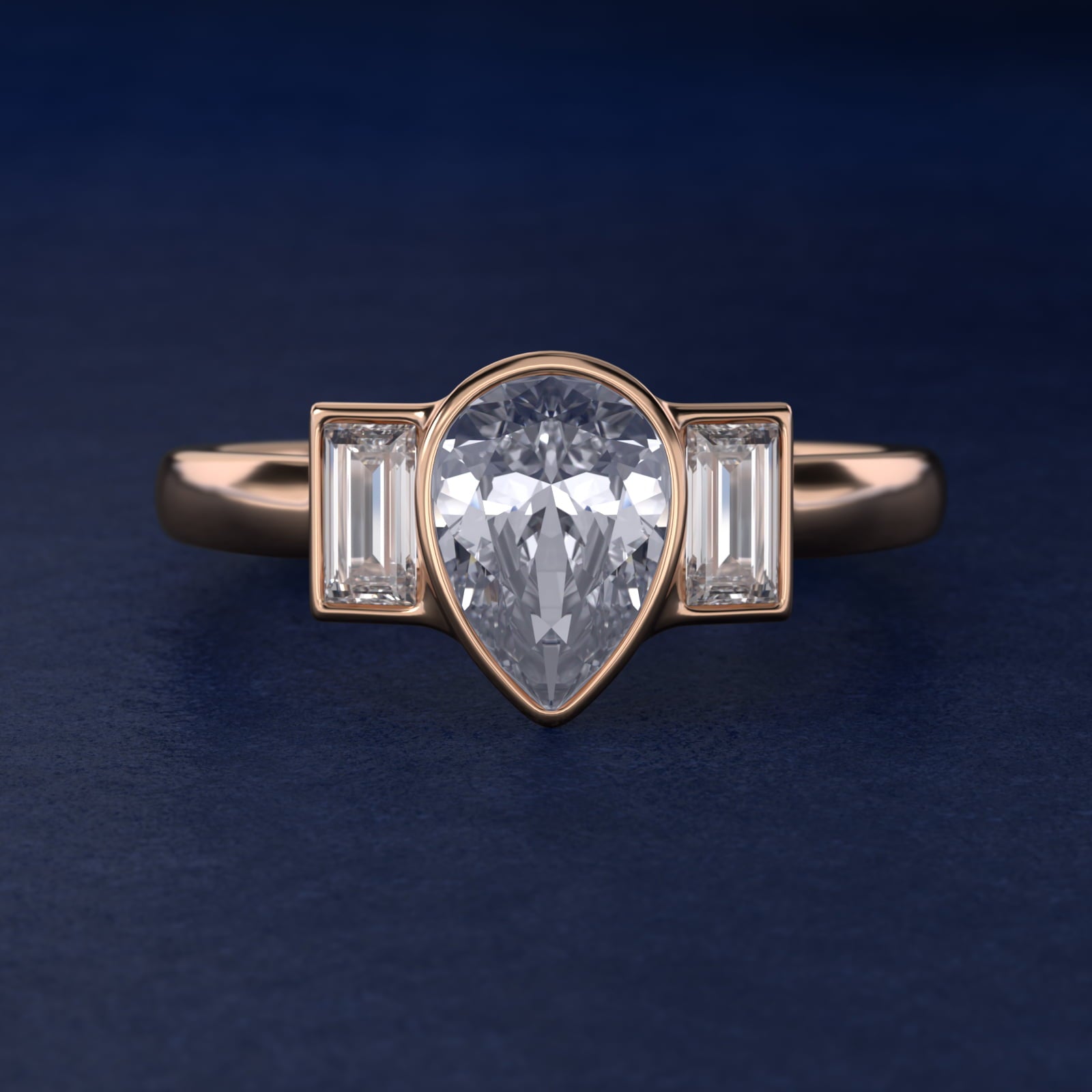 Bezel Straight Baguette Cut Diamond Three Stone Engagement Ring In 14K Rose Gold By James Allen - Pear Center