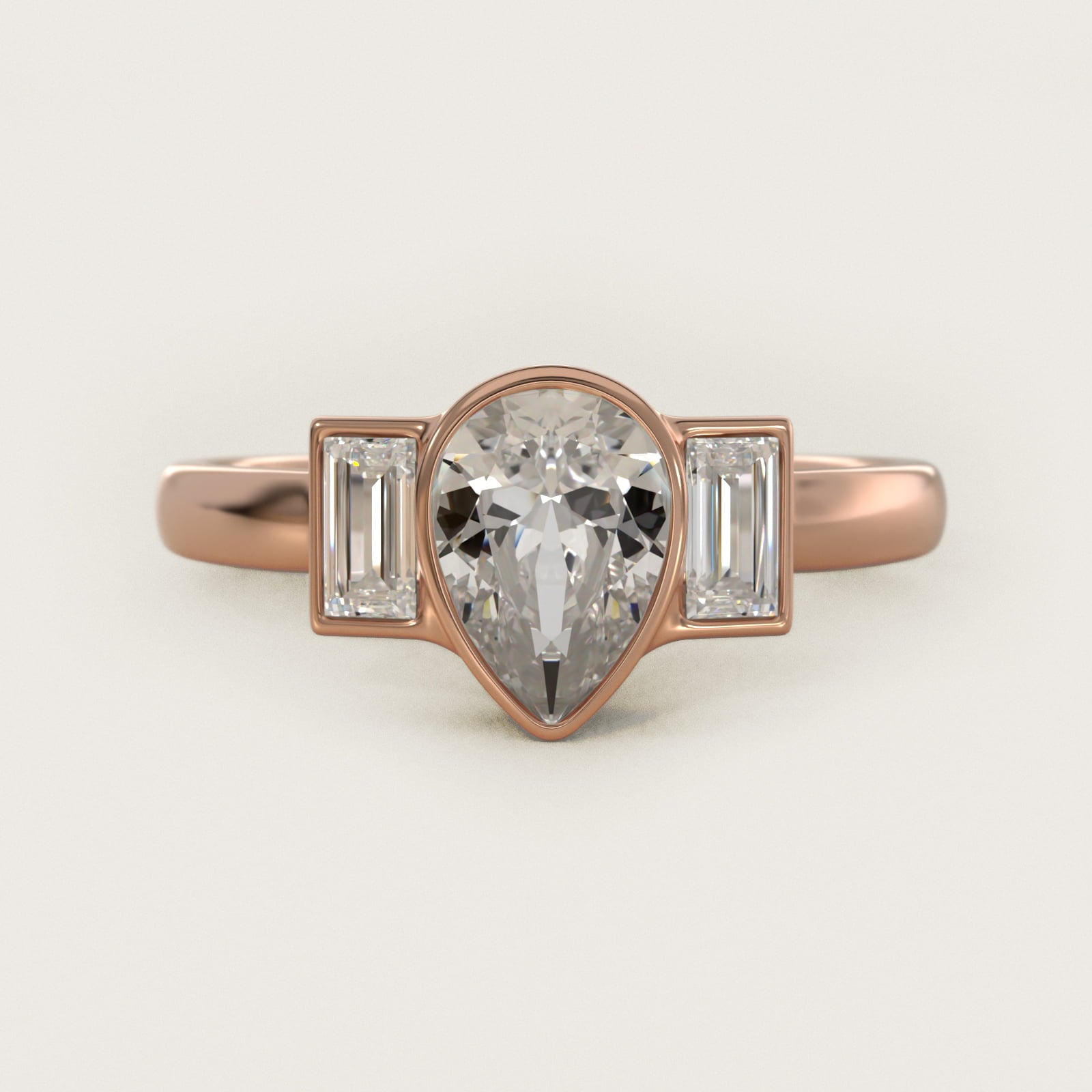 Bezel Straight Baguette Cut Diamond Three Stone Engagement Ring In 14K Rose Gold By James Allen - Pear Center