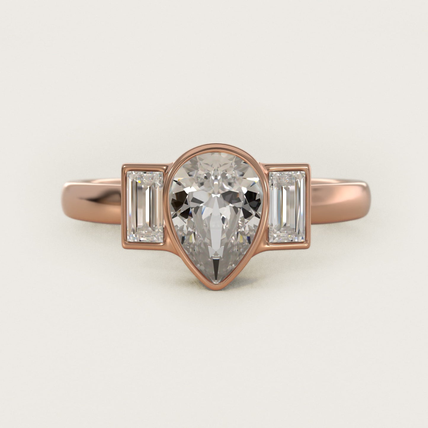 Bezel Straight Baguette Cut Diamond Three Stone Engagement Ring In 18k Rose Gold By James Allen - Pear Center