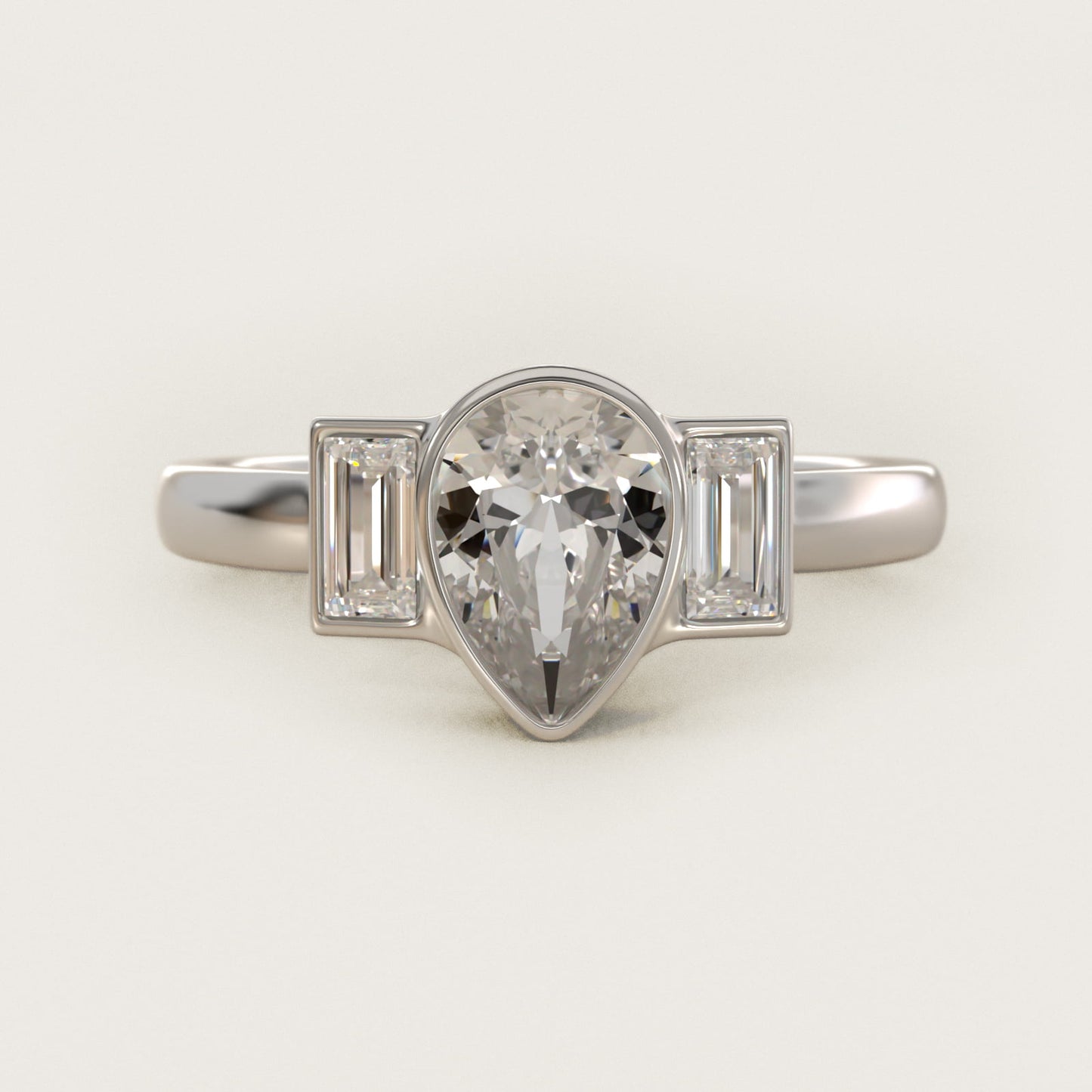 Bezel Straight Baguette Cut Diamond Three Stone Engagement Ring In 18k White Gold By James Allen - Pear Center