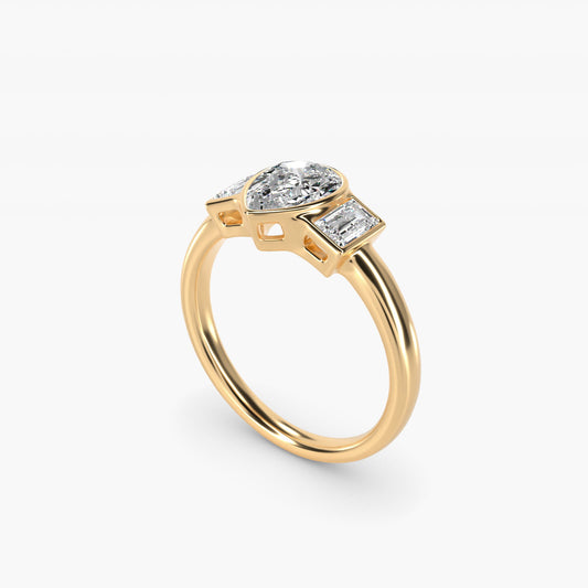 Bezel Straight Baguette Cut Diamond Three Stone Engagement Ring In 14K Yellow Gold By James Allen - Pear Center