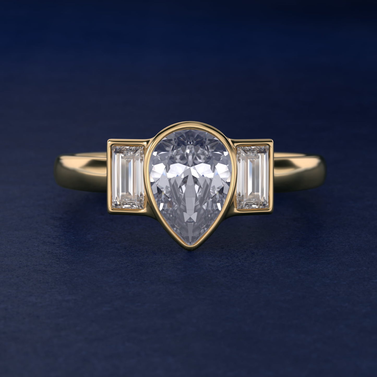 Bezel Straight Baguette Cut Diamond Three Stone Engagement Ring In 18k Yellow Gold By James Allen - Pear Center