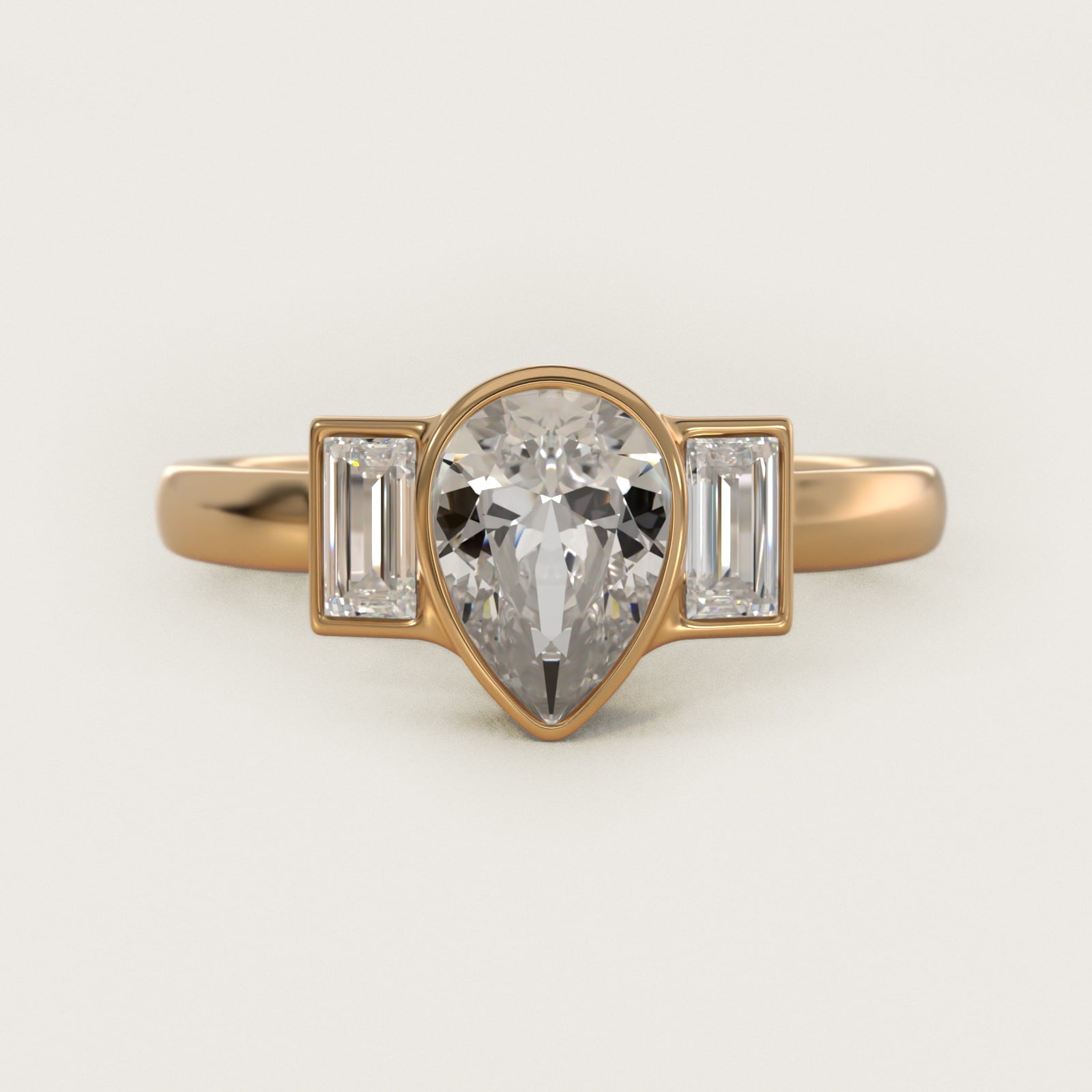 Bezel Straight Baguette Cut Diamond Three Stone Engagement Ring In 18k Yellow Gold By James Allen - Pear Center