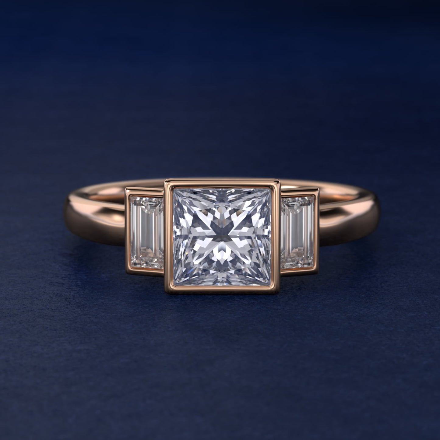 Bezel Straight Baguette Cut Diamond Three Stone Engagement Ring In 14K Rose Gold By James Allen - Princess Center