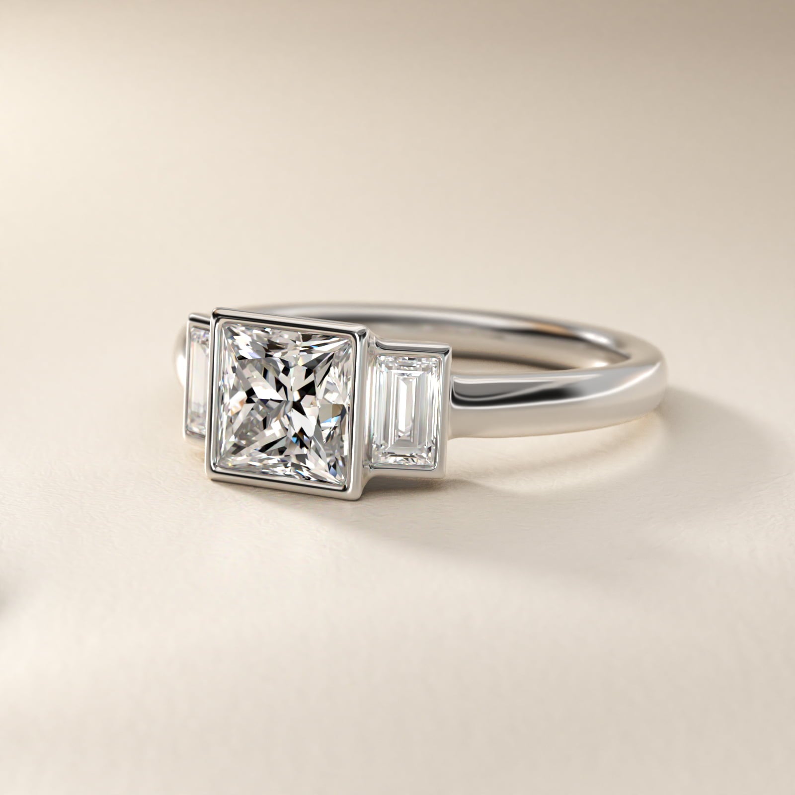 Bezel Straight Baguette Cut Diamond Three Stone Engagement Ring In 14K White Gold By James Allen - Princess Center