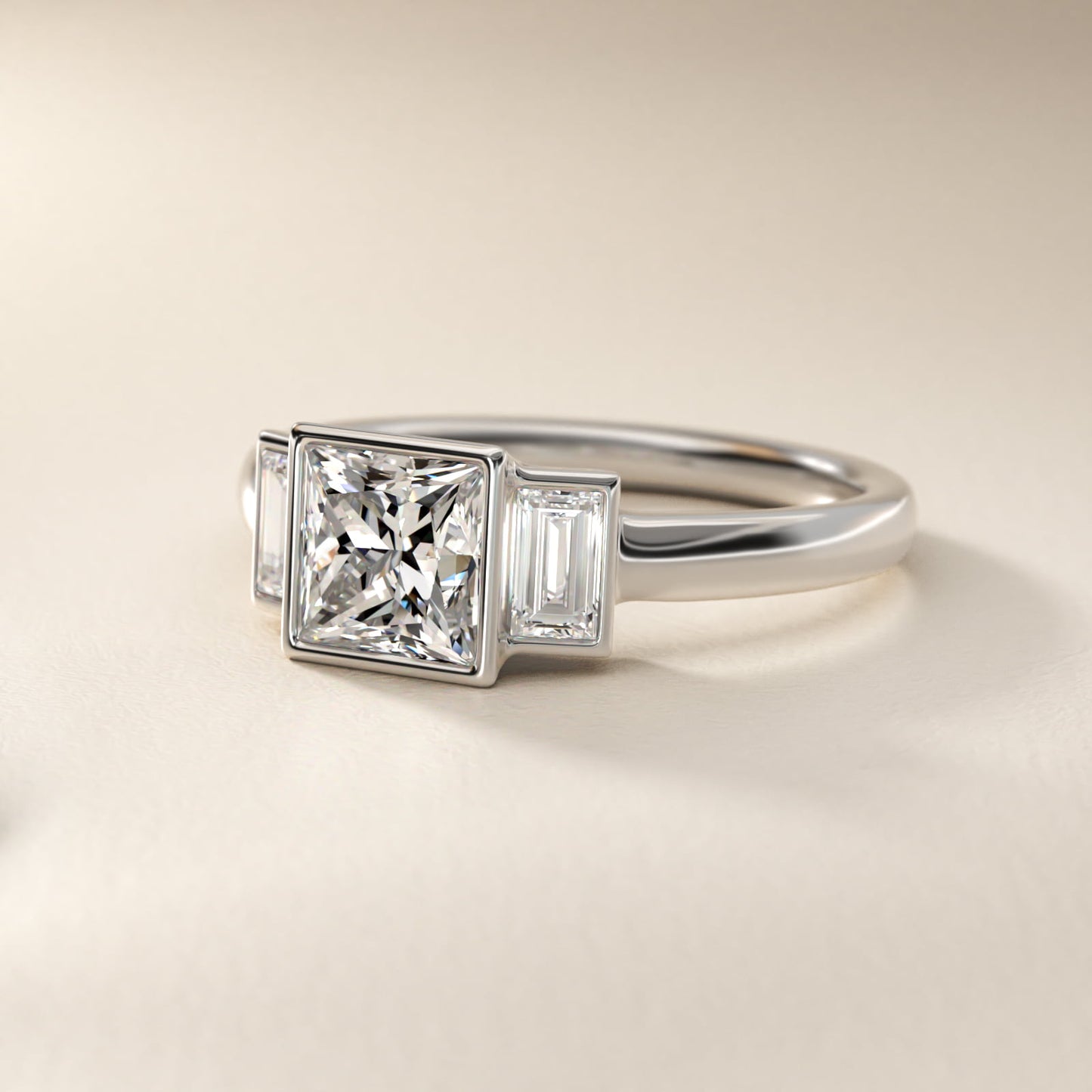 Bezel Straight Baguette Cut Diamond Three Stone Engagement Ring In 18k White Gold By James Allen - Princess Center