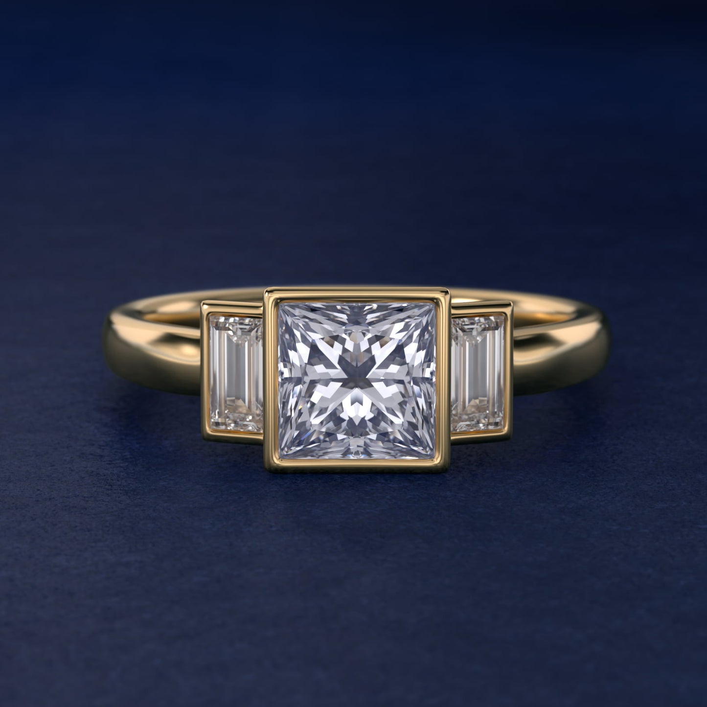Bezel Straight Baguette Cut Diamond Three Stone Engagement Ring In 14K Yellow Gold By James Allen - Princess Center