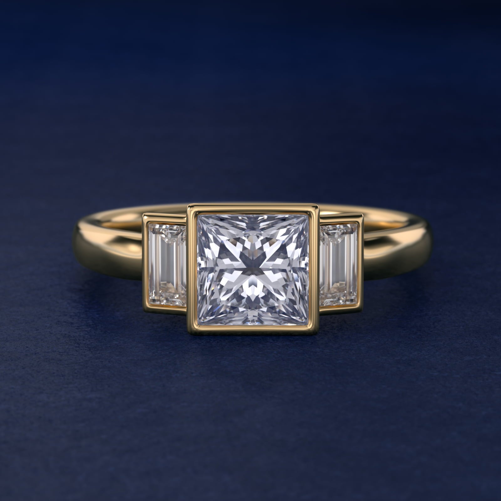 Bezel Straight Baguette Cut Diamond Three Stone Engagement Ring In 18k Yellow Gold By James Allen - Princess Center