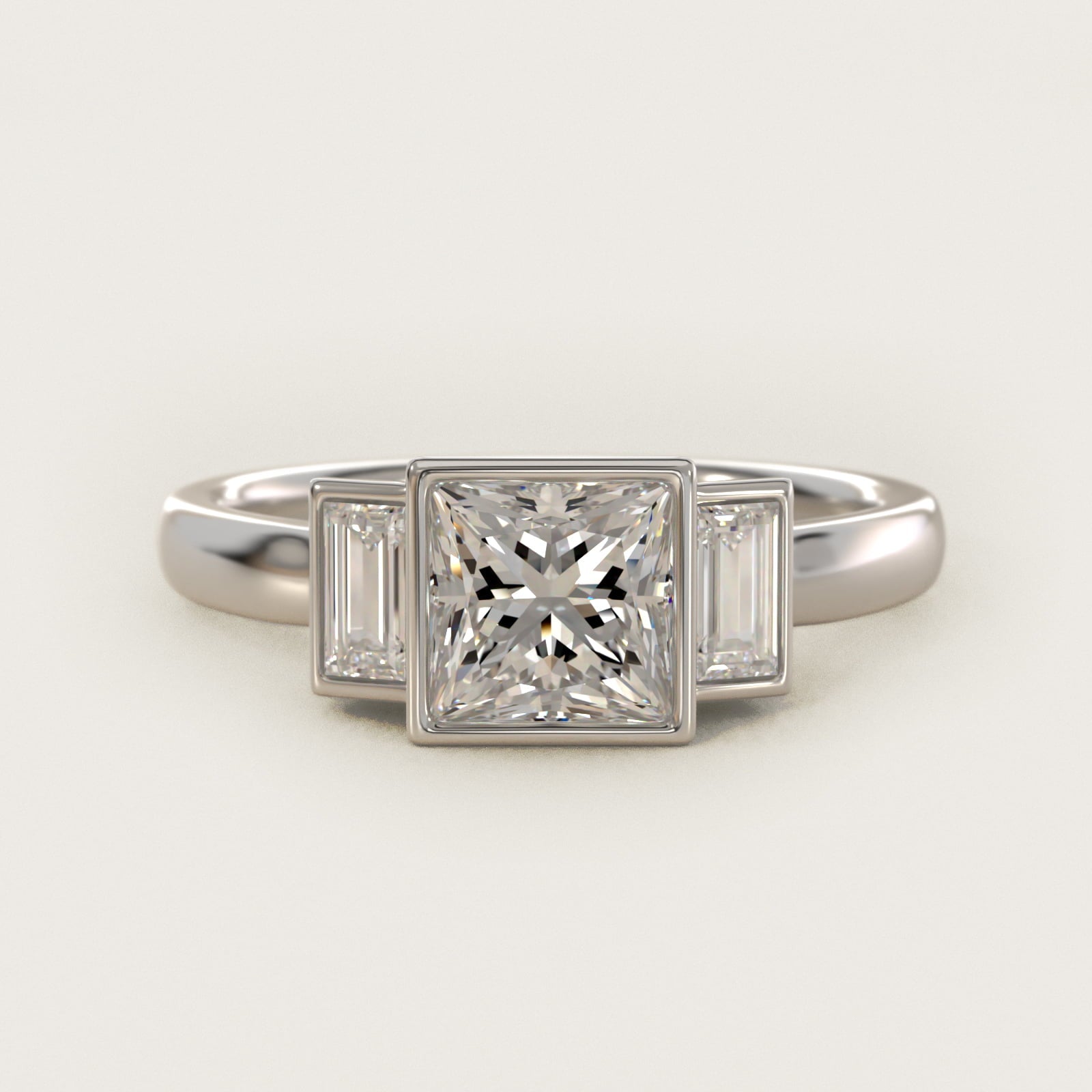 Bezel Straight Baguette Cut Diamond Three Stone Engagement Ring In Platinum By James Allen - Princess Center