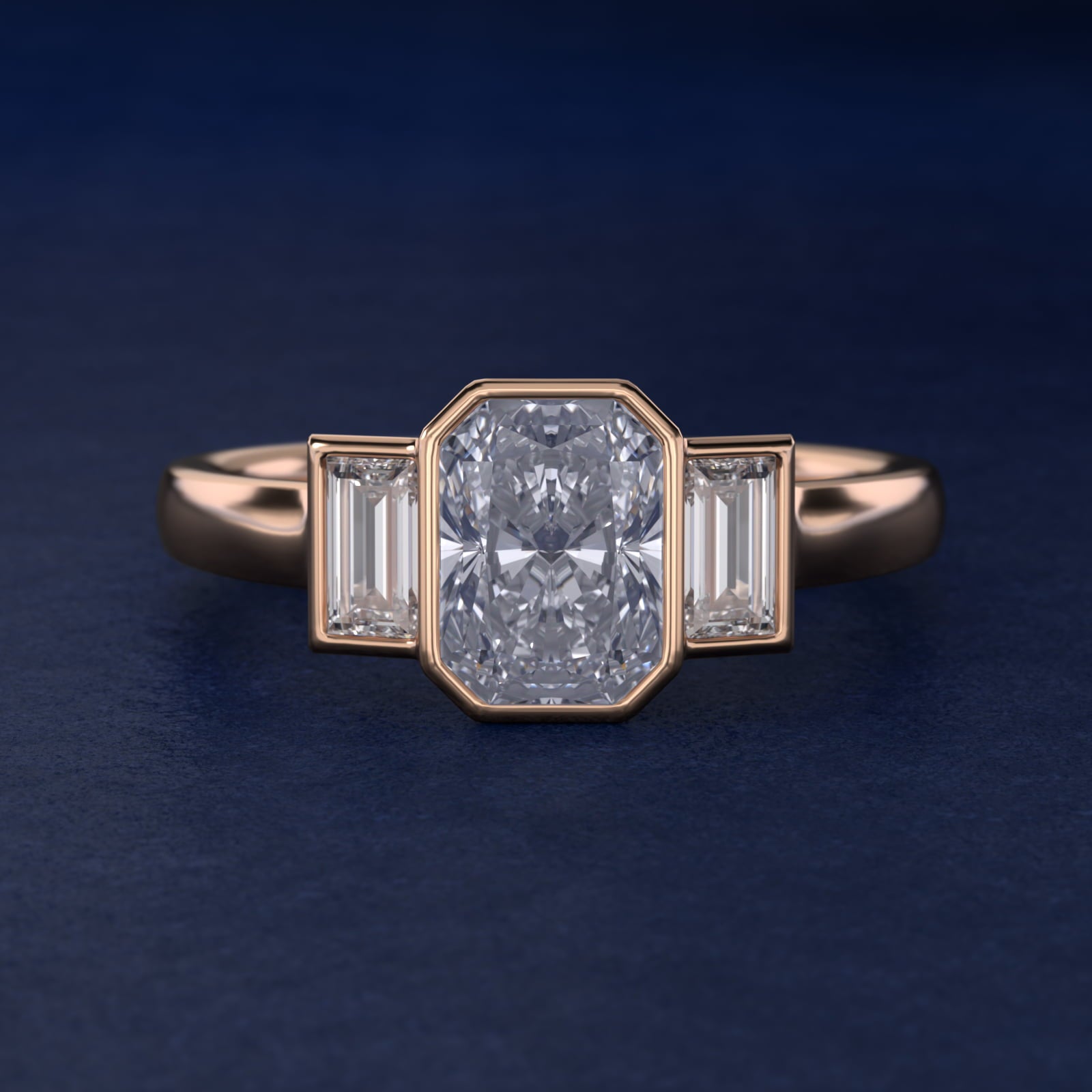 Bezel Straight Baguette Cut Diamond Three Stone Engagement Ring In 14K Rose Gold By James Allen - Radiant Center