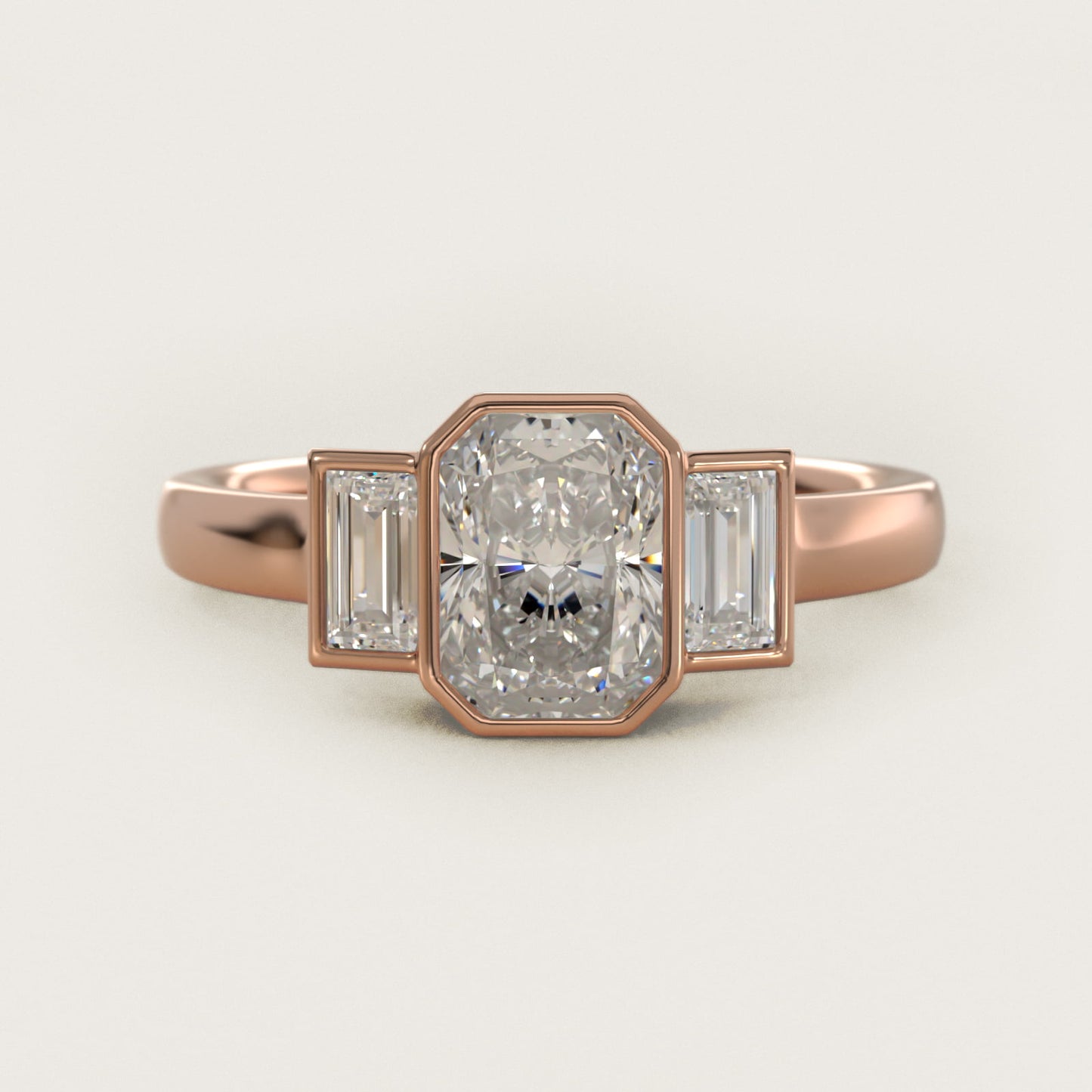 Bezel Straight Baguette Cut Diamond Three Stone Engagement Ring In 14K Rose Gold By James Allen - Radiant Center
