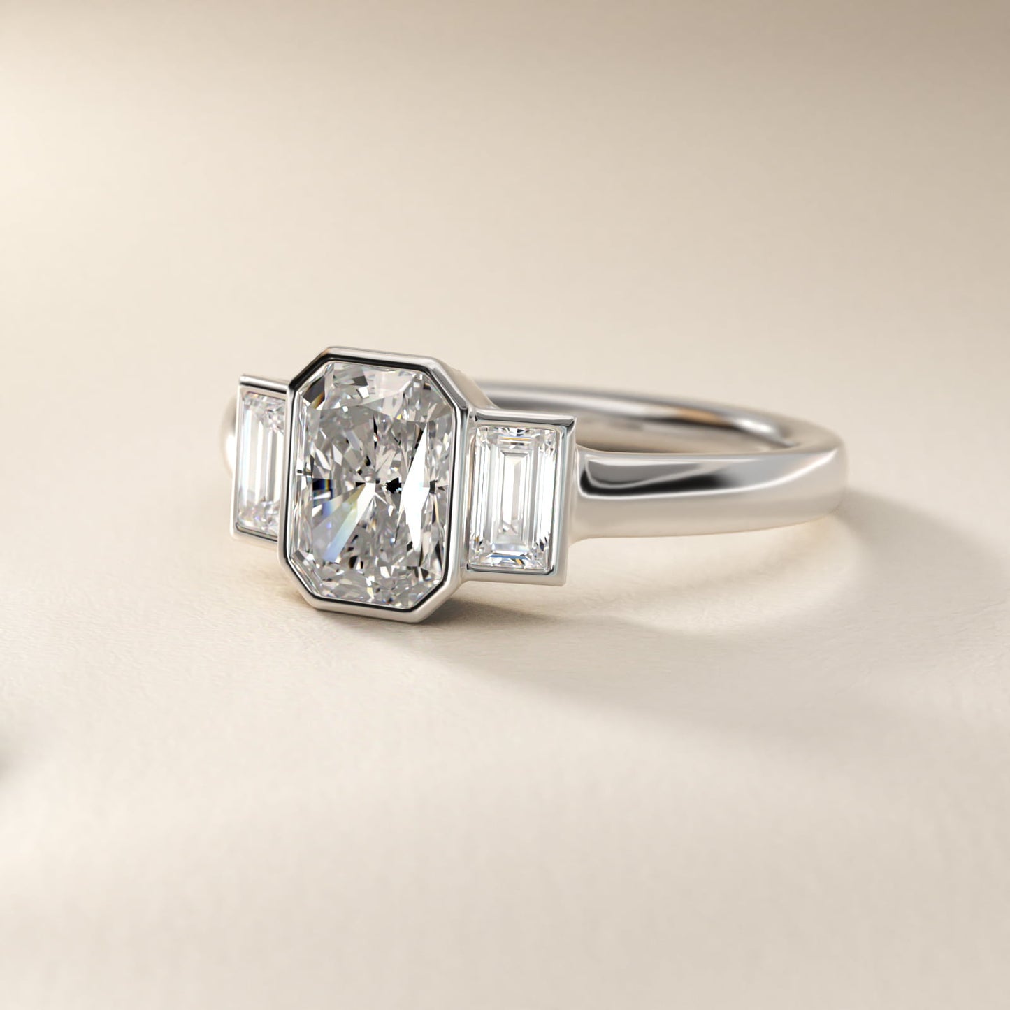 Bezel Straight Baguette Cut Diamond Three Stone Engagement Ring In 18k White Gold By James Allen - Radiant Center