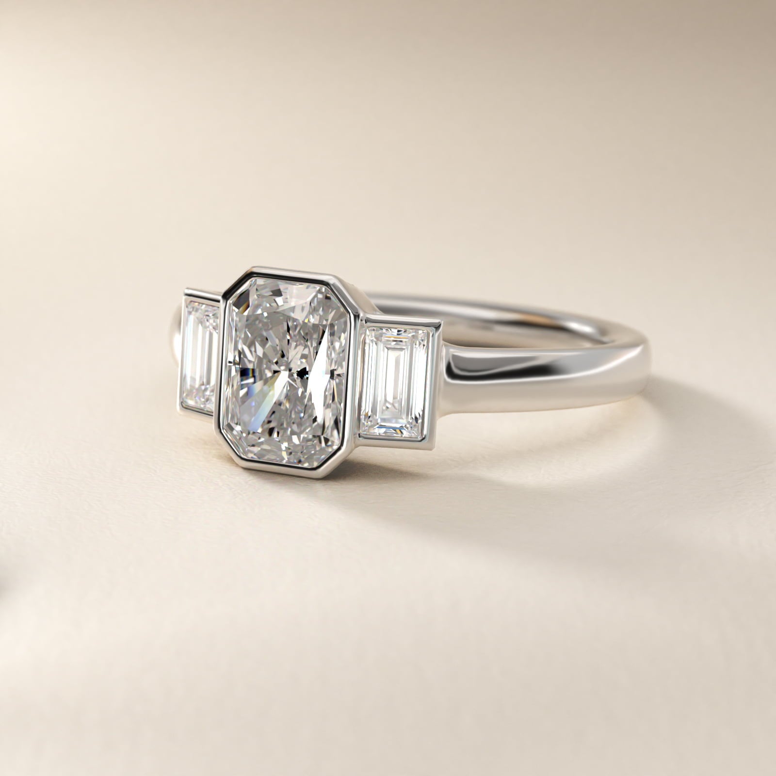 Bezel Straight Baguette Cut Diamond Three Stone Engagement Ring In 18k White Gold By James Allen - Radiant Center