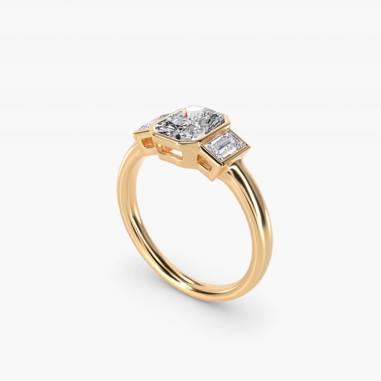 Bezel Straight Baguette Cut Diamond Three Stone Engagement Ring In 18k Yellow Gold By James Allen - Radiant Center