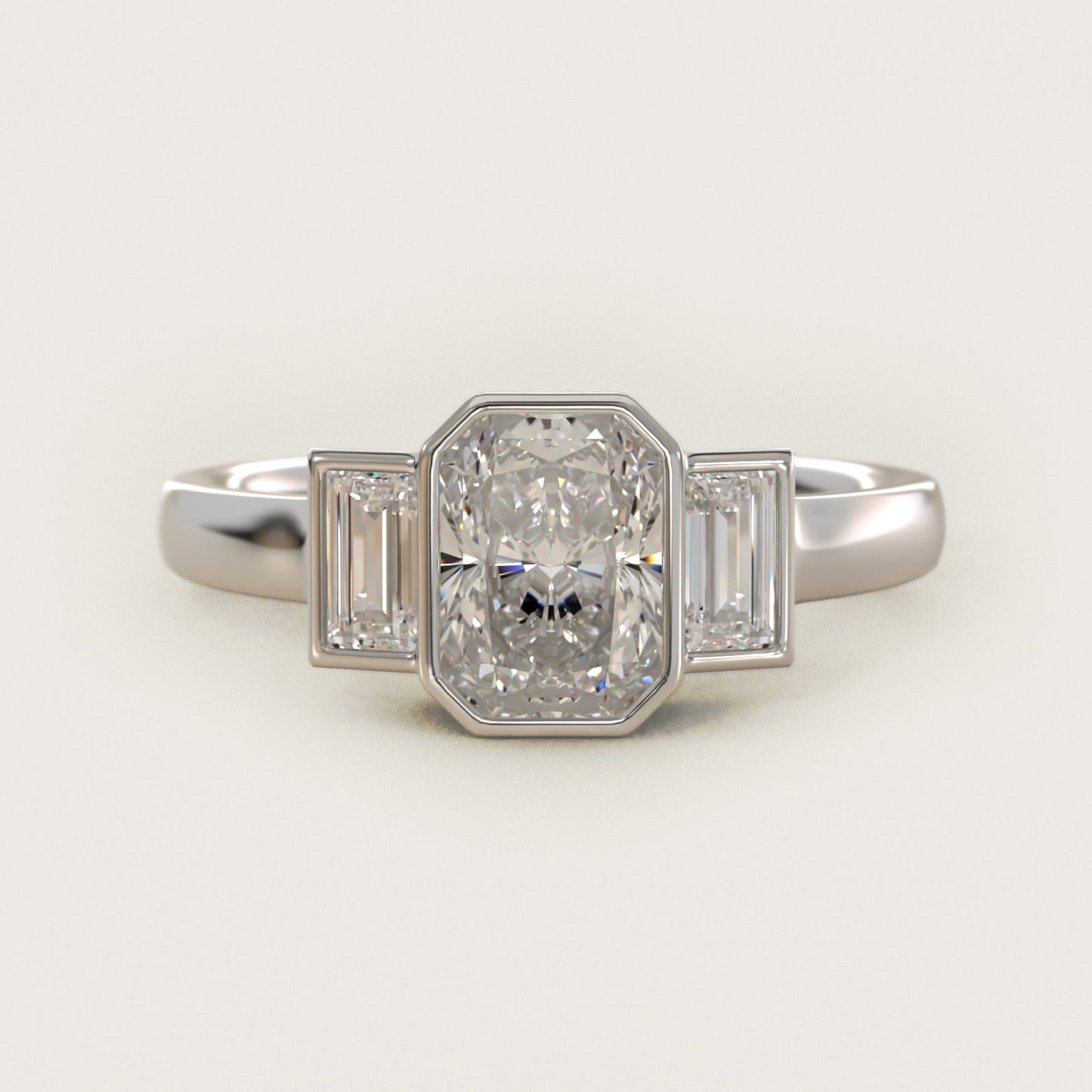 Bezel Straight Baguette Cut Diamond Three Stone Engagement Ring In Platinum By James Allen - Radiant Center