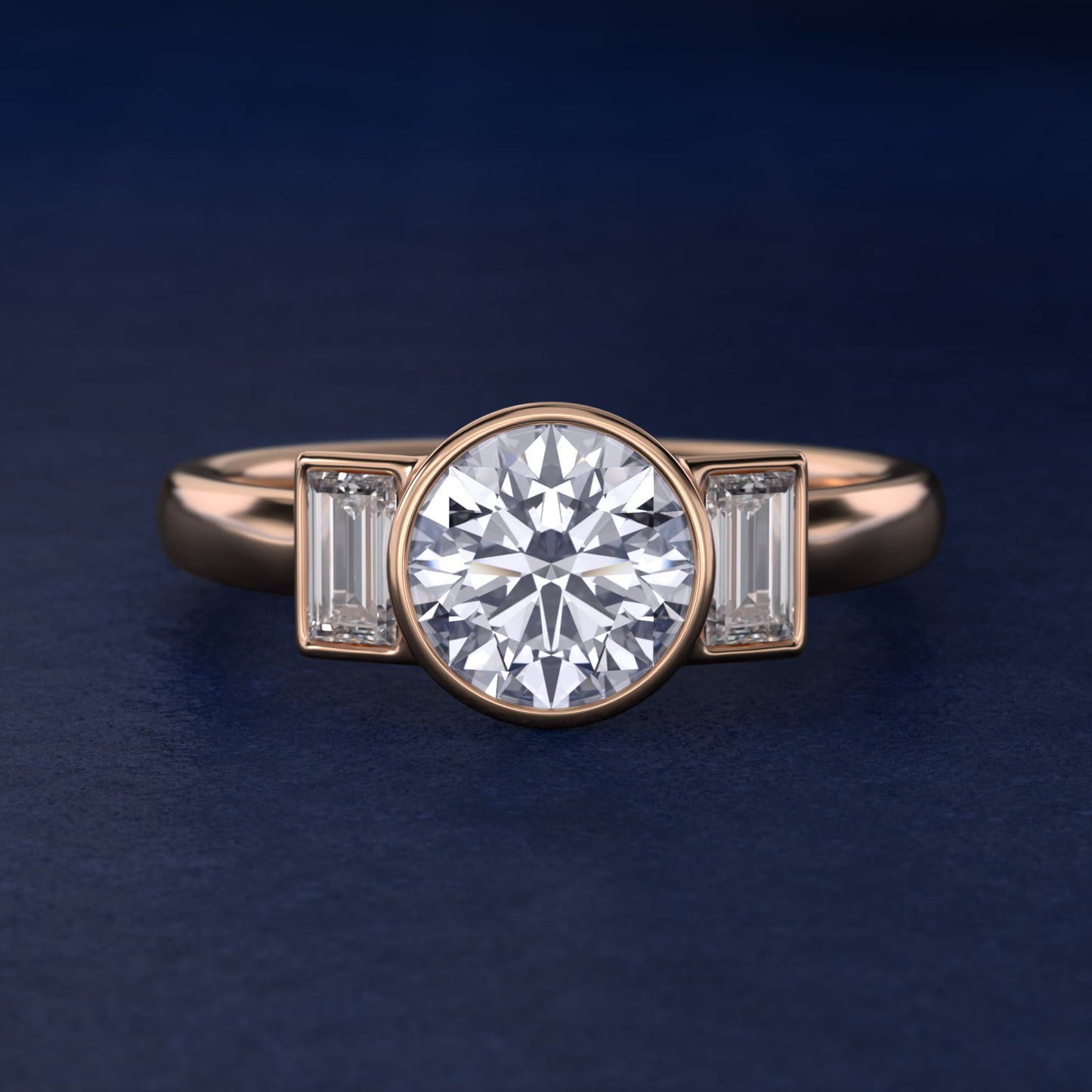 Bezel Straight Baguette Cut Diamond Three Stone Engagement Ring In 18k Rose Gold By James Allen - Round Center
