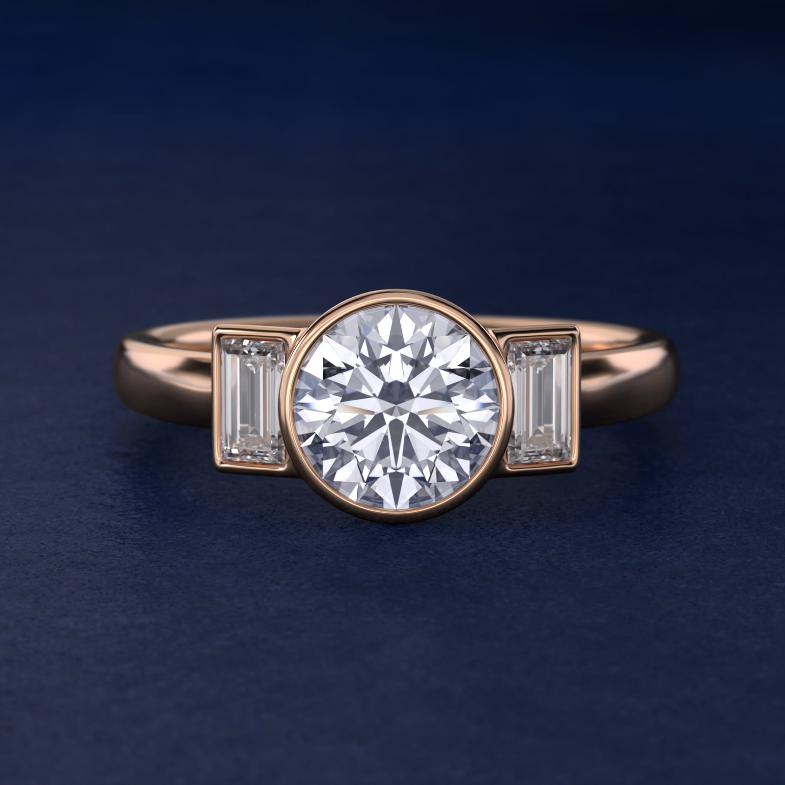 Bezel Straight Baguette Cut Diamond Three Stone Engagement Ring In 18k Rose Gold By James Allen - Round Center