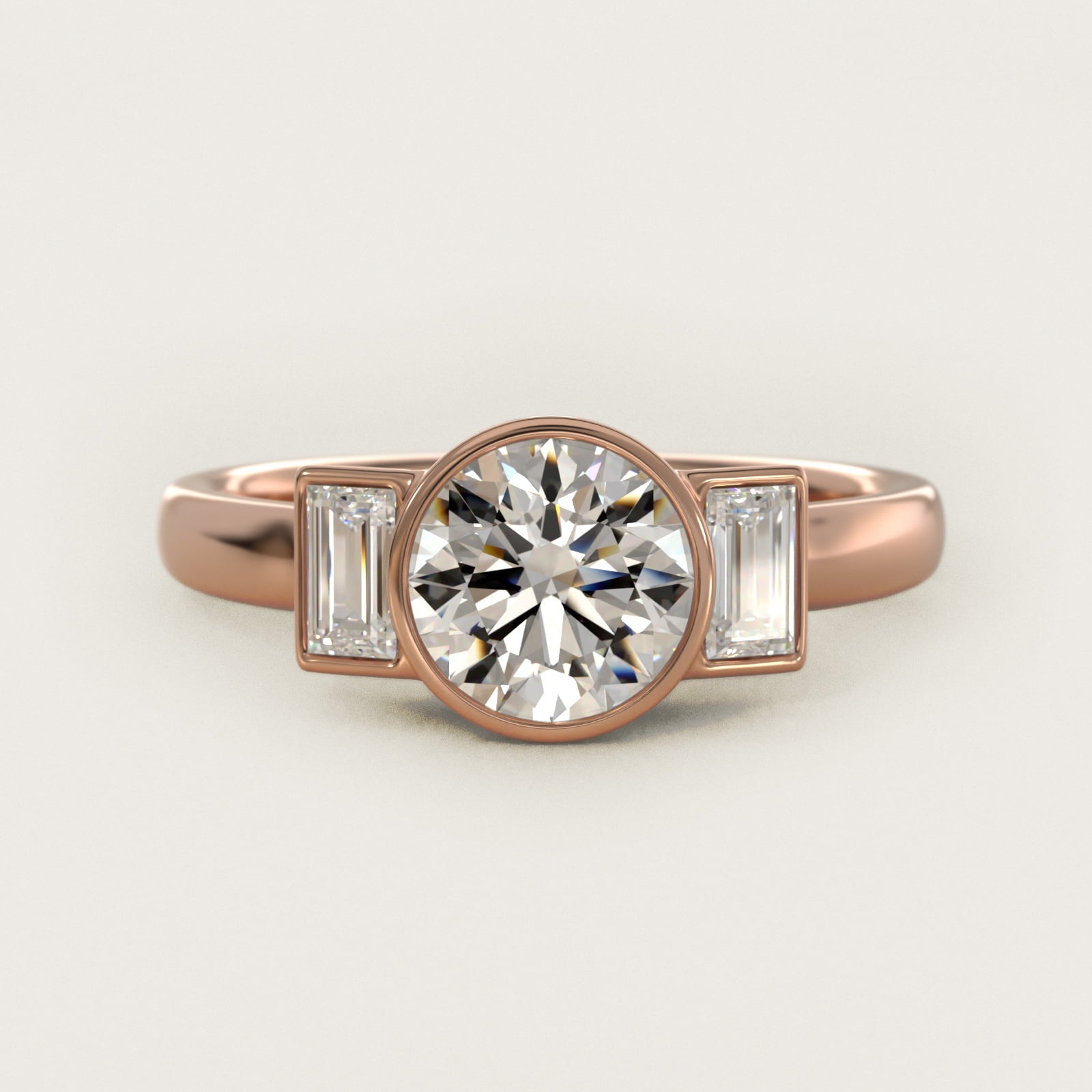 Bezel Straight Baguette Cut Diamond Three Stone Engagement Ring In 14K Rose Gold By James Allen - Round Center