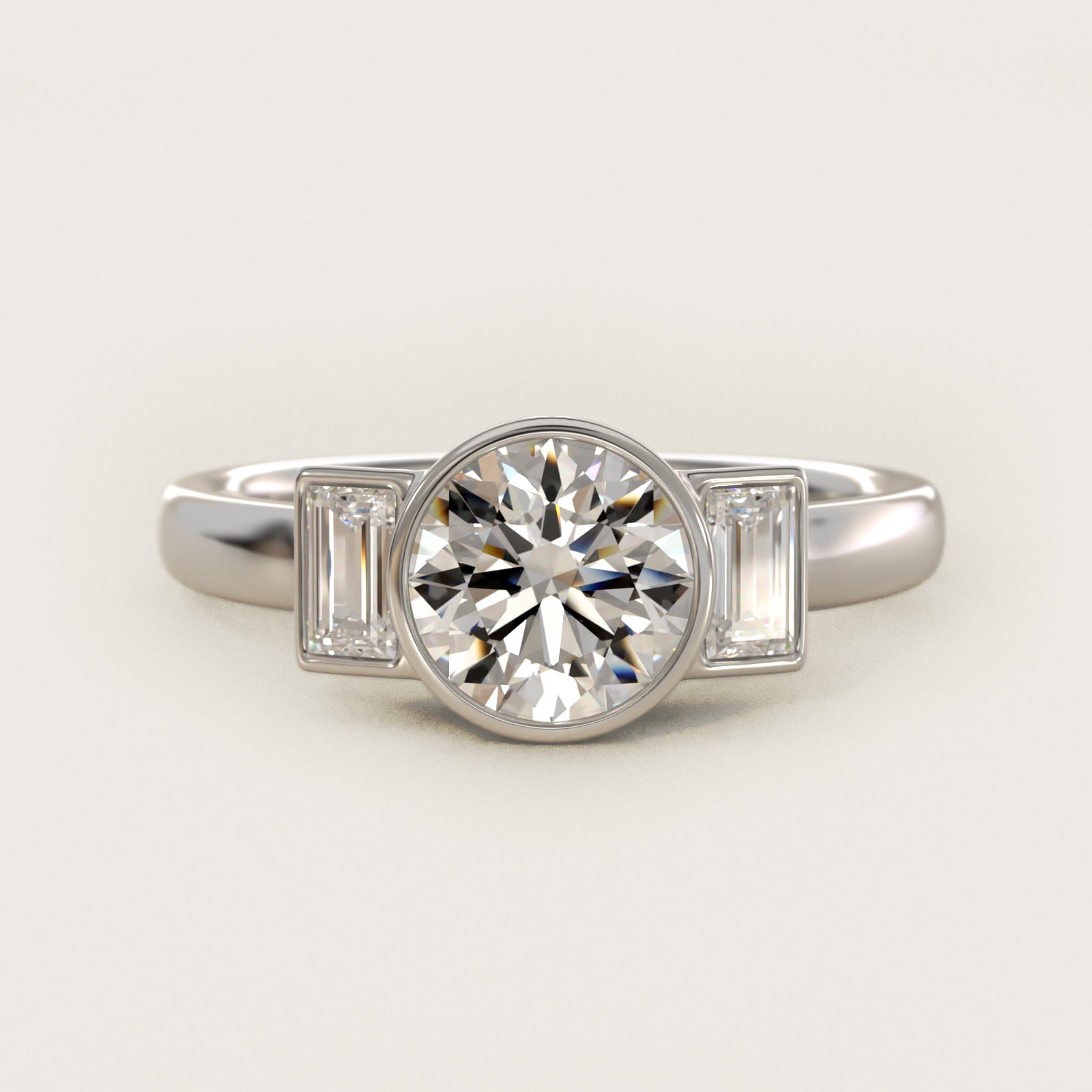 Bezel Straight Baguette Cut Diamond Three Stone Engagement Ring In 18k White Gold By James Allen - Round Center