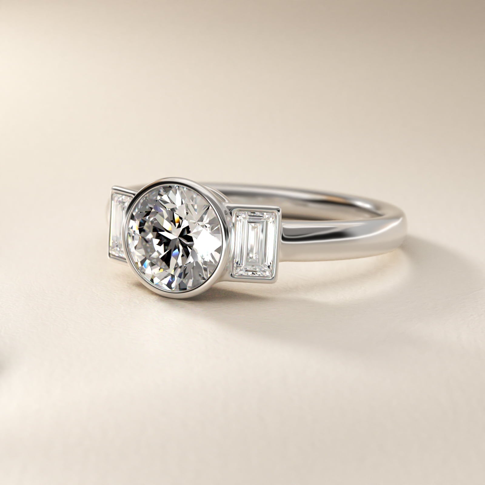 Bezel Straight Baguette Cut Diamond Three Stone Engagement Ring In 14K White Gold By James Allen - Round Center