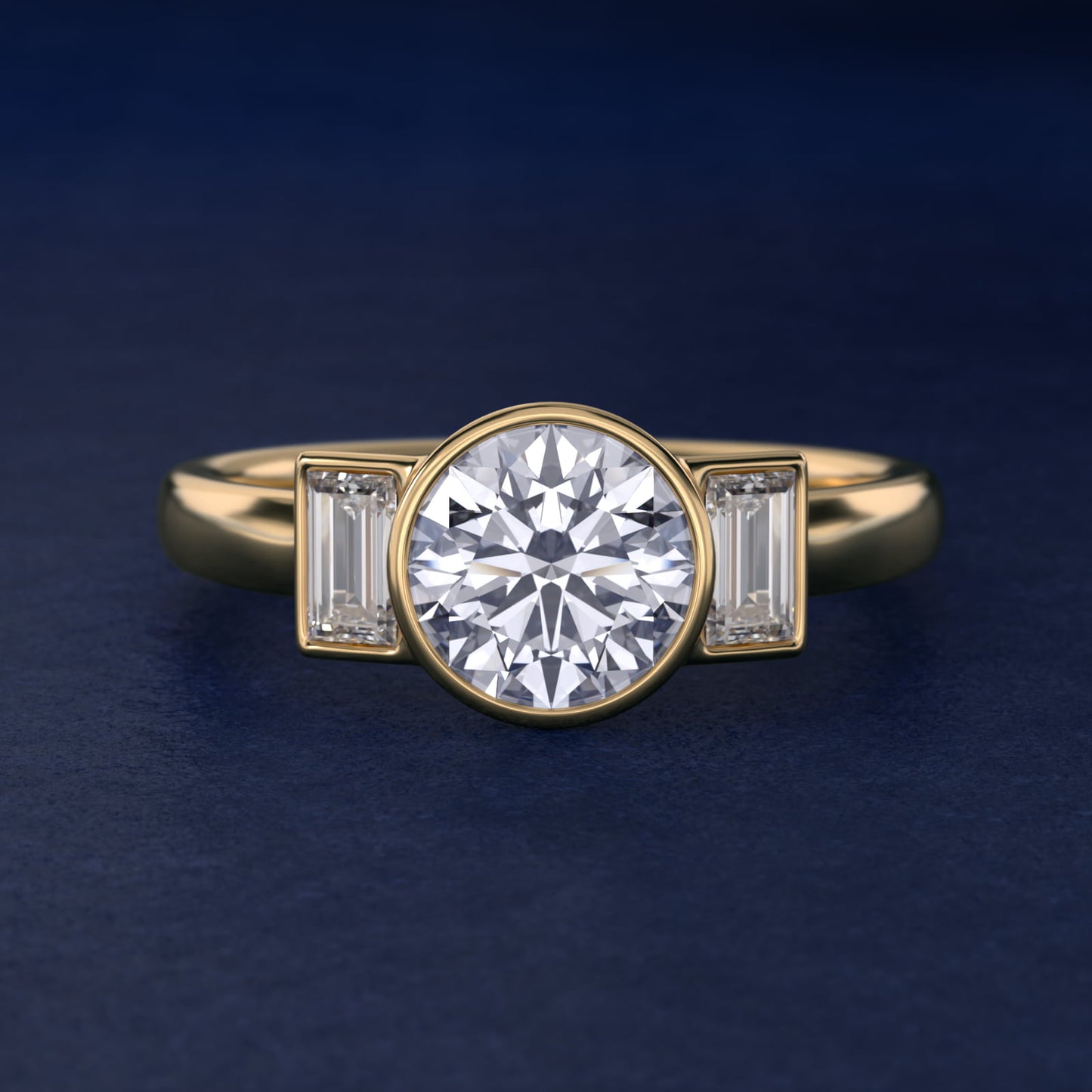 Bezel Straight Baguette Cut Diamond Three Stone Engagement Ring In 14K Yellow Gold By James Allen - Round Center
