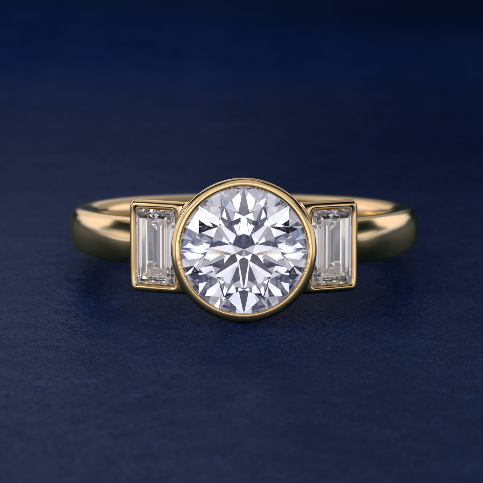 Bezel Straight Baguette Cut Diamond Three Stone Engagement Ring In 18k Yellow Gold By James Allen - Round Center