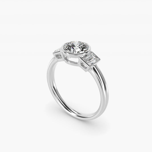 Bezel Straight Baguette Cut Diamond Three Stone Engagement Ring In Platinum By James Allen - Round Center