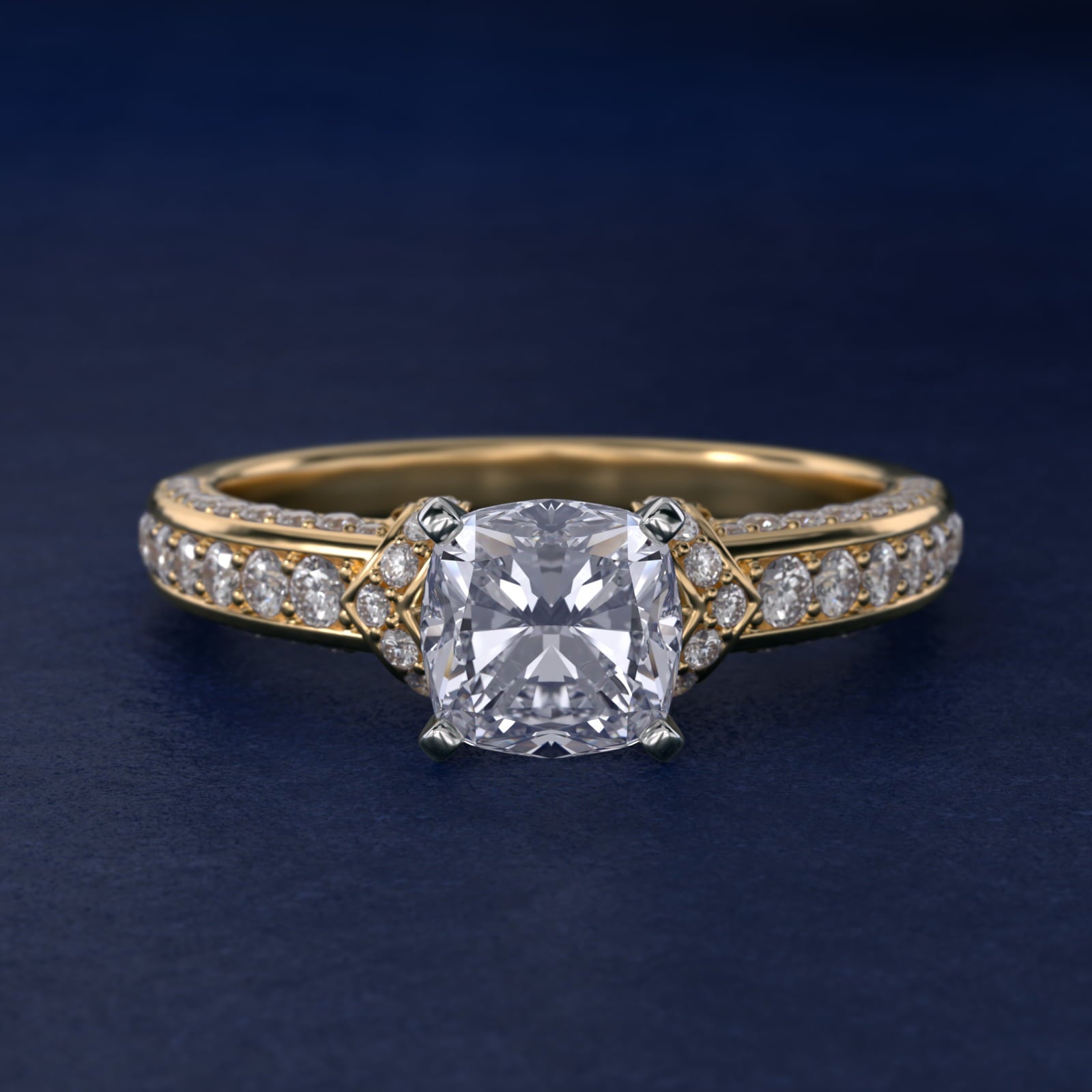 Blue Nile Studio French Pav? Diamond Crown Solitaire Engagement Ring in 18k Yellow Gold (1/6 ct. tw.) - Cushion Center