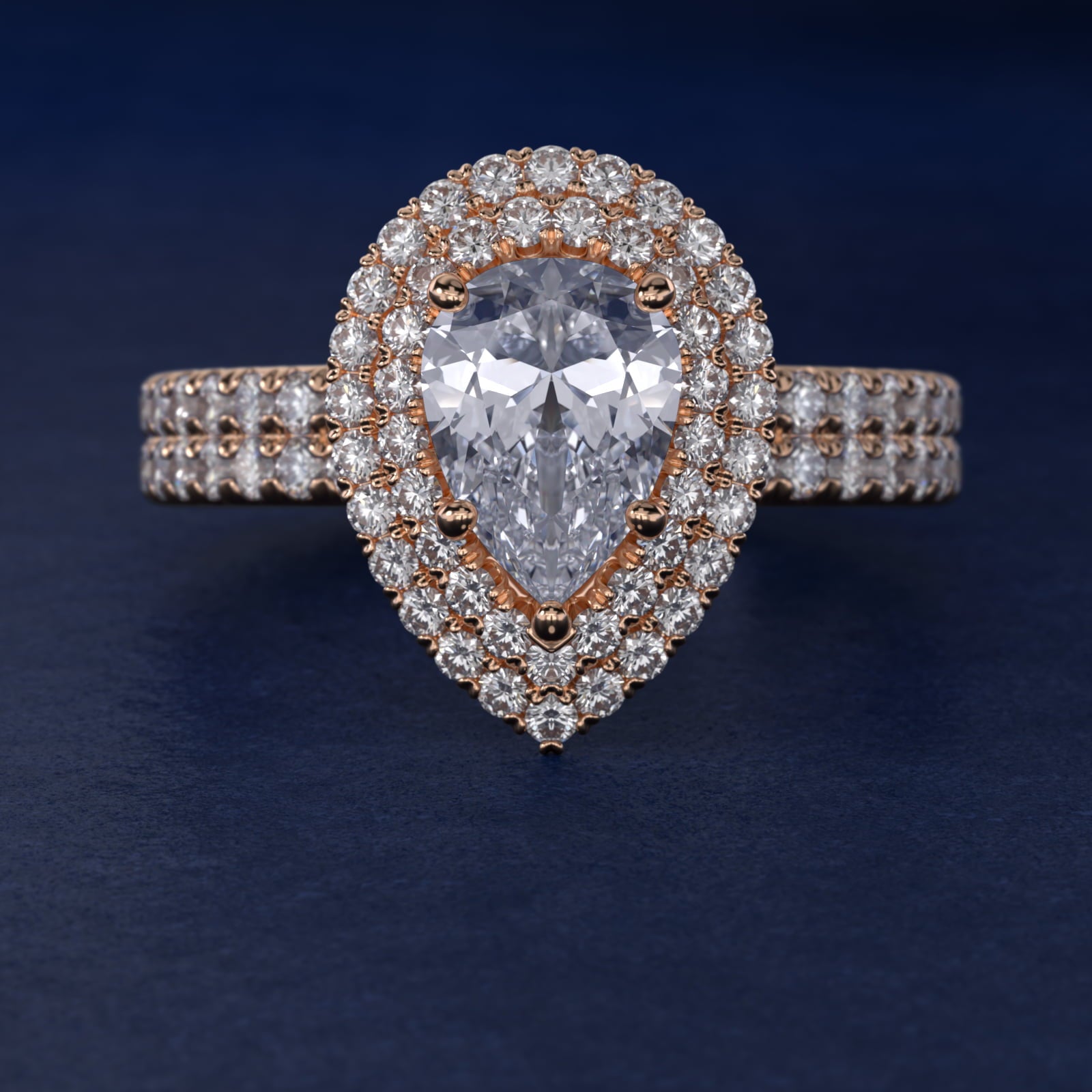 Blue Nile Studio Double Halo Gala Diamond Engagement Ring in 18k Rose Gold (7/8 ct. tw.) - Pear Center