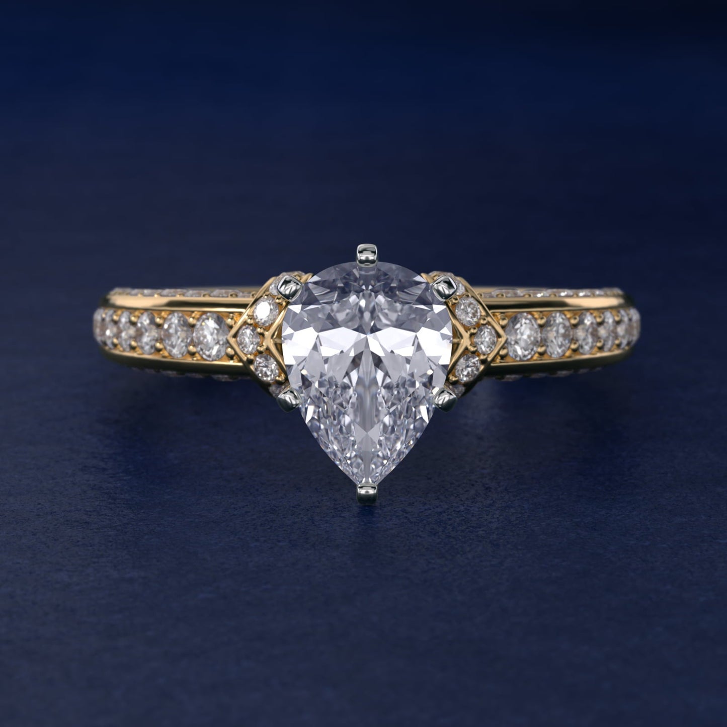 Blue Nile Studio French Pav? Diamond Crown Solitaire Engagement Ring in 18k Yellow Gold (1/6 ct. tw.) - Pear Center