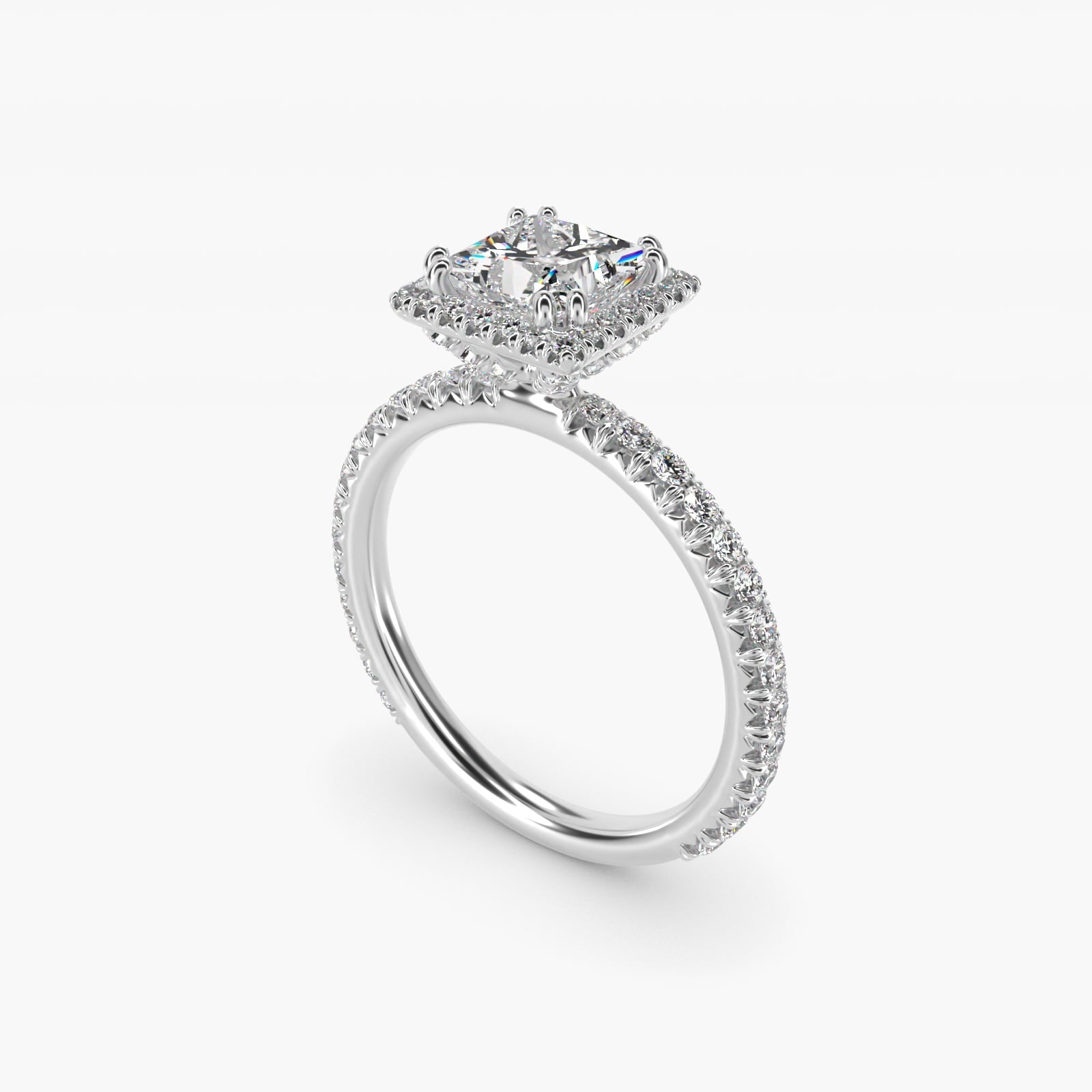 Blue Nile Studio French Pav? Diamond Crown Solitaire Engagement Ring in 18k White Gold (1/6 ct. tw.) - Princess Center