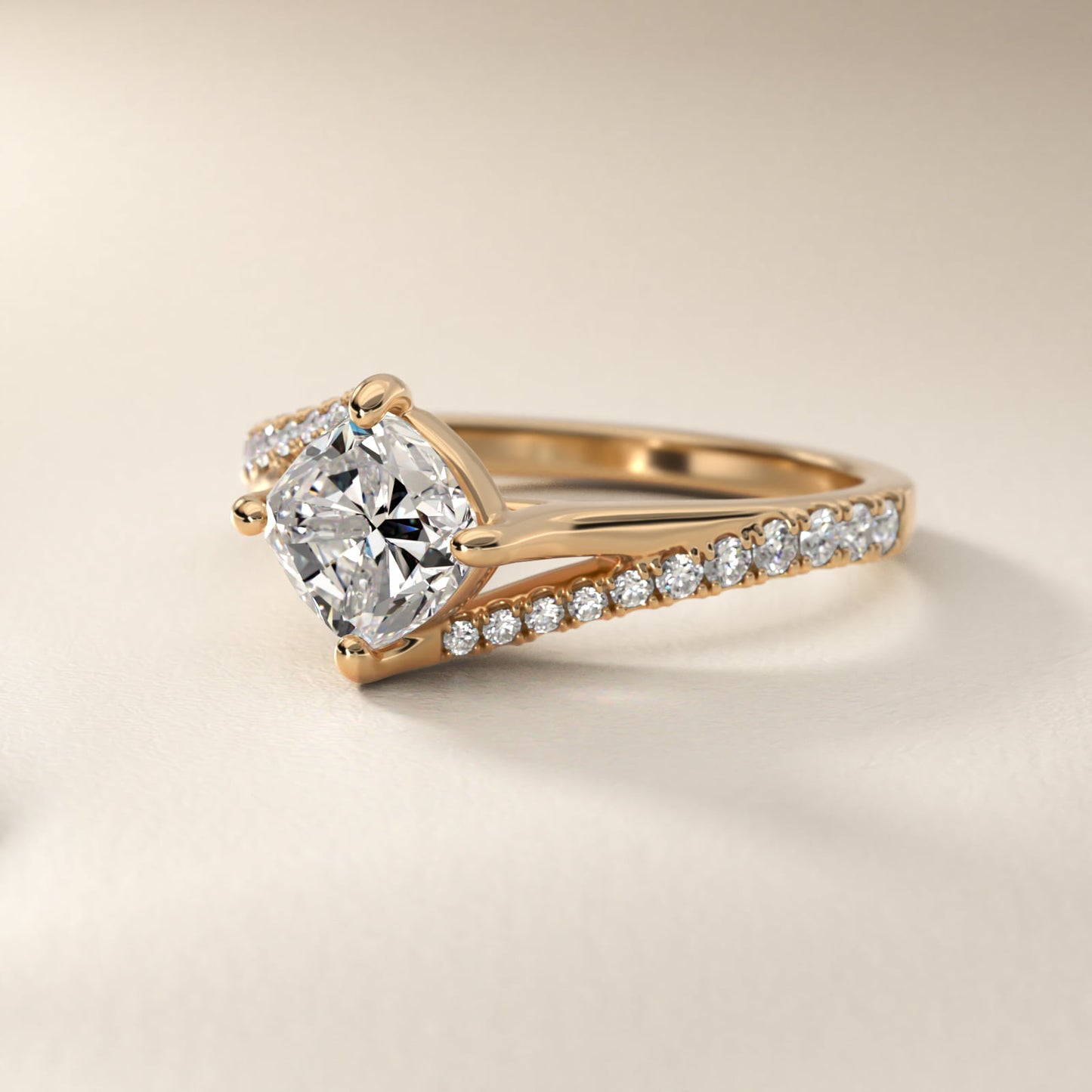 Bypass PavŽ Kite-Set Diamond Engagement Ring In 14K Yellow Gold By James Allen - Cushion Center