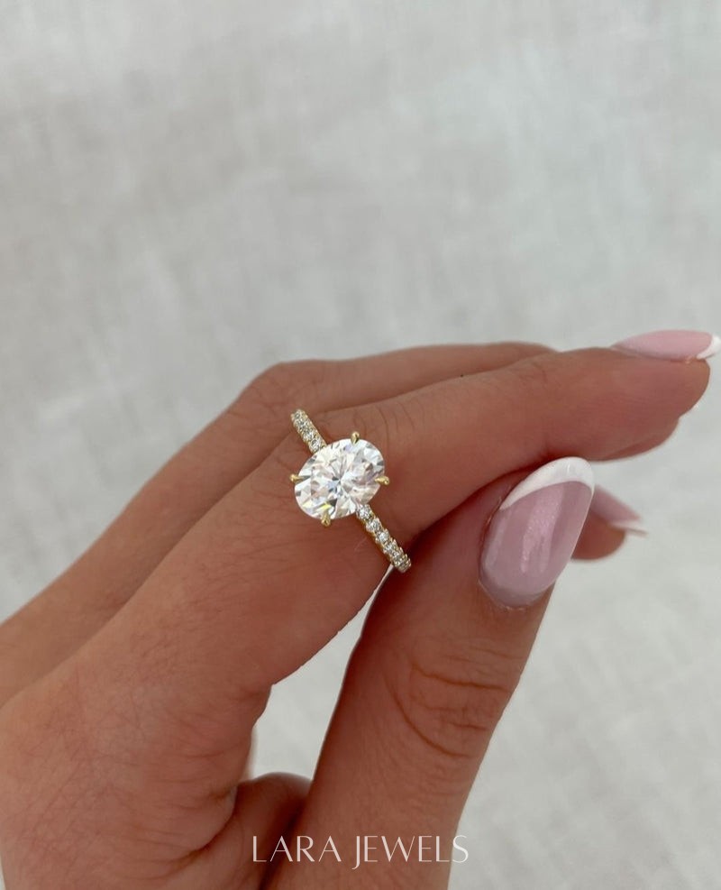 1.0-3.0 CT Oval Lab Grown Diamond Hidden Halo Pave Setting Engagement Ring