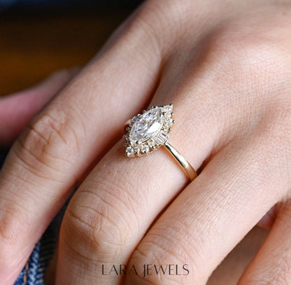 1.0 - 3.0 CT Marquise Lab Grown Diamond Halo Solitaire Engagement Ring