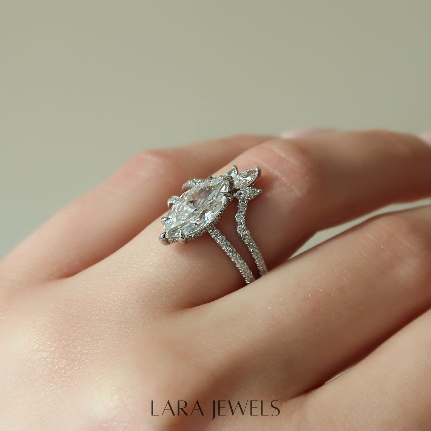 2.0 - 4.0 Carats Marquise shaped Lab Grown Diamond Hidden Halo & Pave Style Engagement Ring
